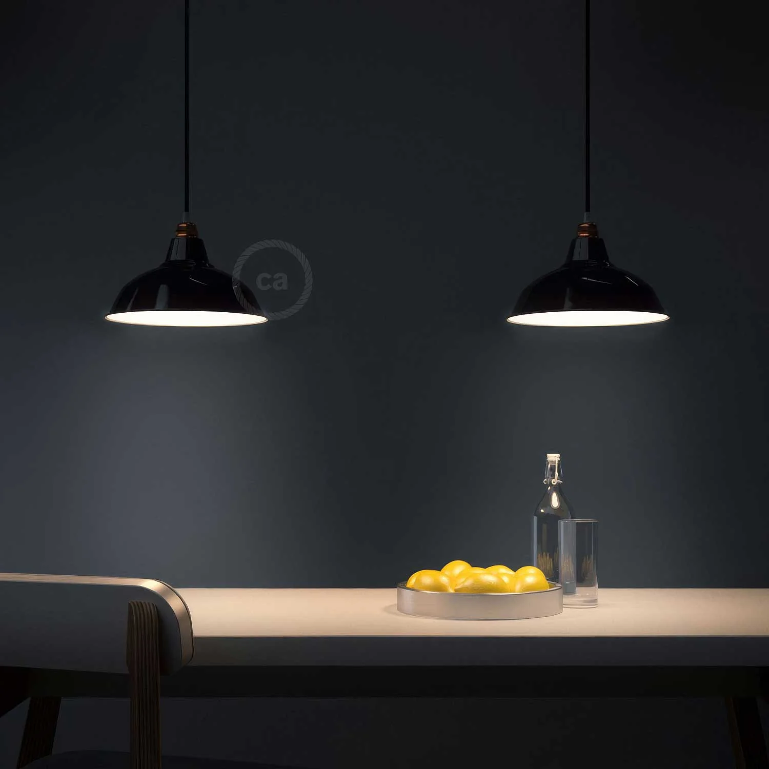 Pendant lamp complete with fabric cable, Bistrot lampshade and metal finishes - Black - Image 2