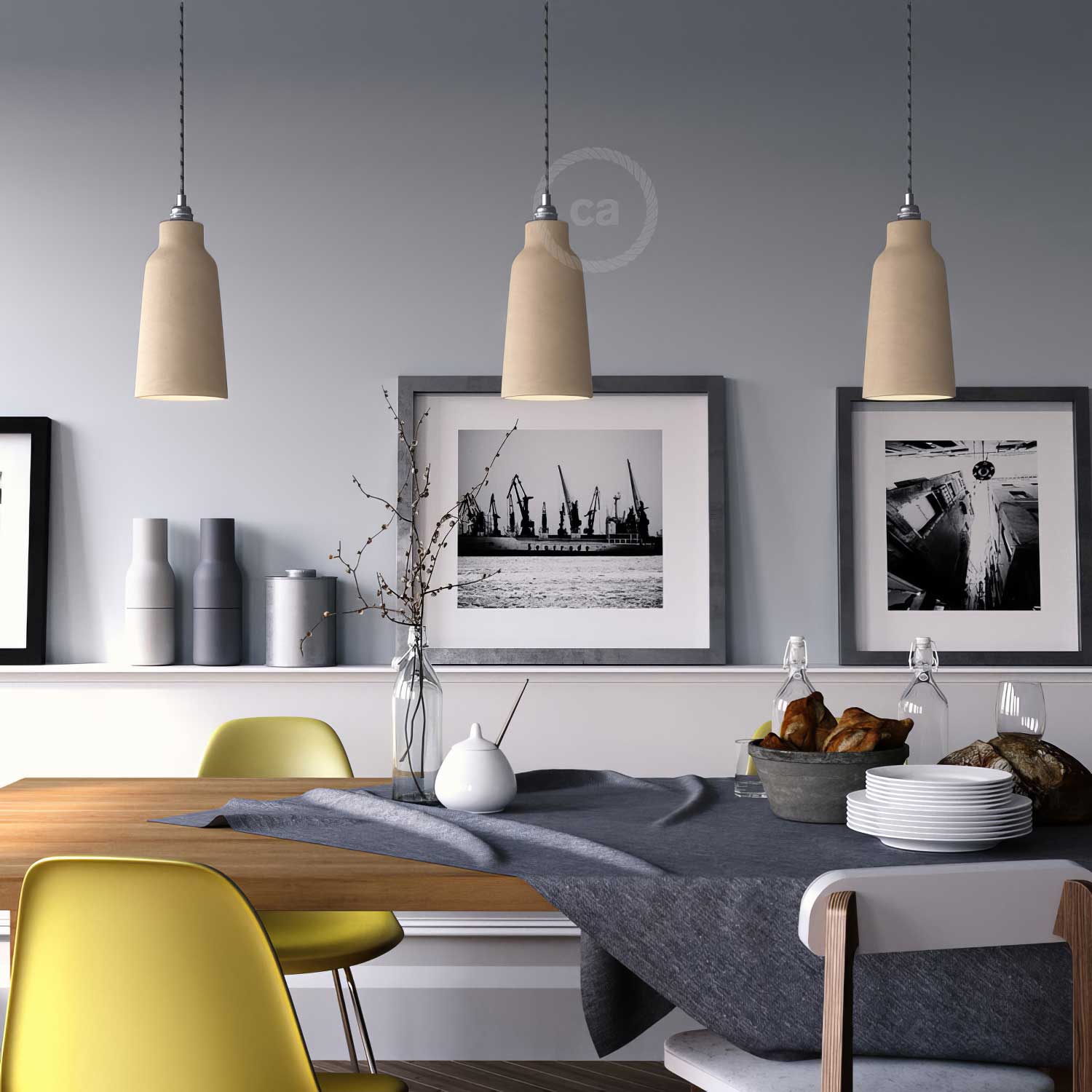 Pendant lamp complete with fabric cable, Bottle ceramic lampshade and metal finishes - Striated taupe - Image 2