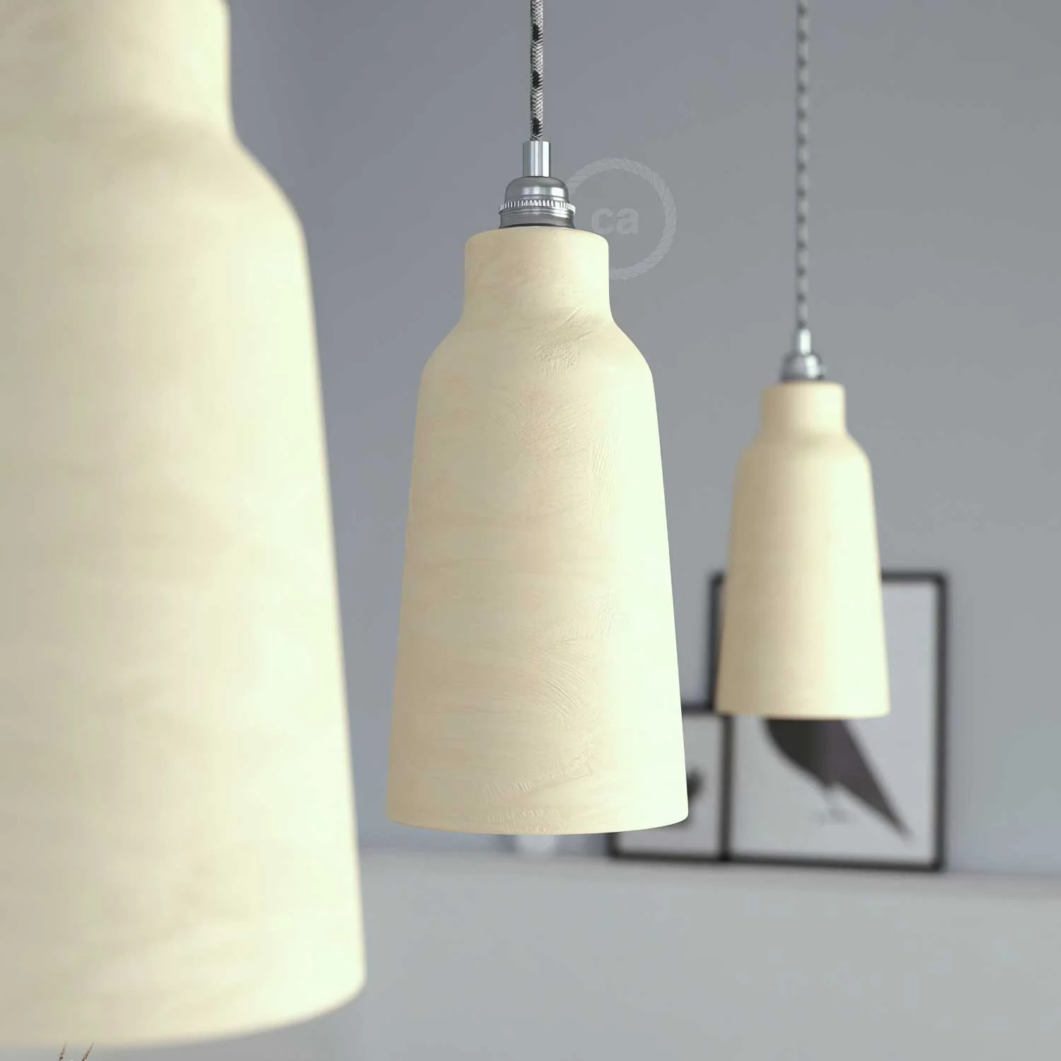 Pendant lamp complete with fabric cable, Bottle ceramic lampshade and metal finishes - Striated taupe - Image 3