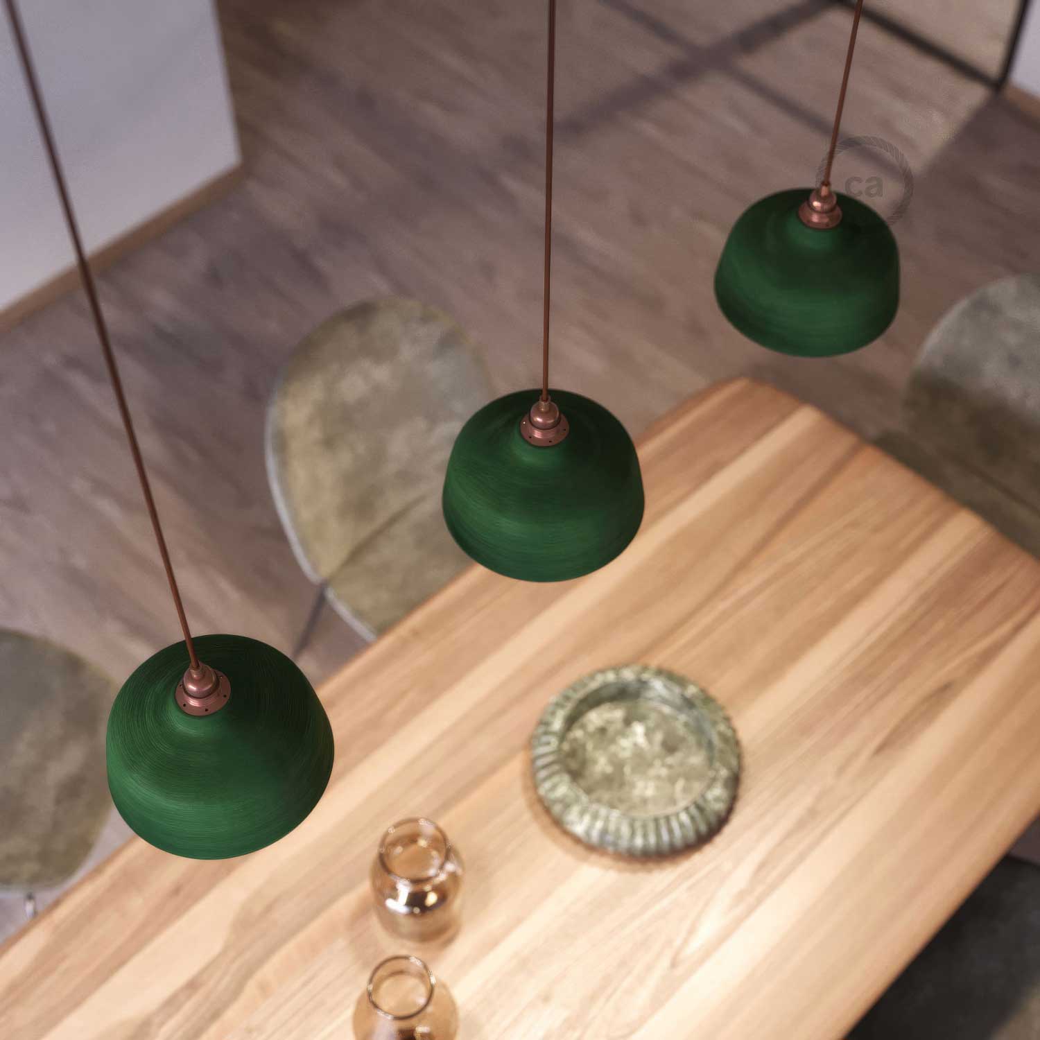 Pendant lamp complete with textile cable, Coppa ceramic lampshade and metal finishes - Striated Evergreen - Image 3