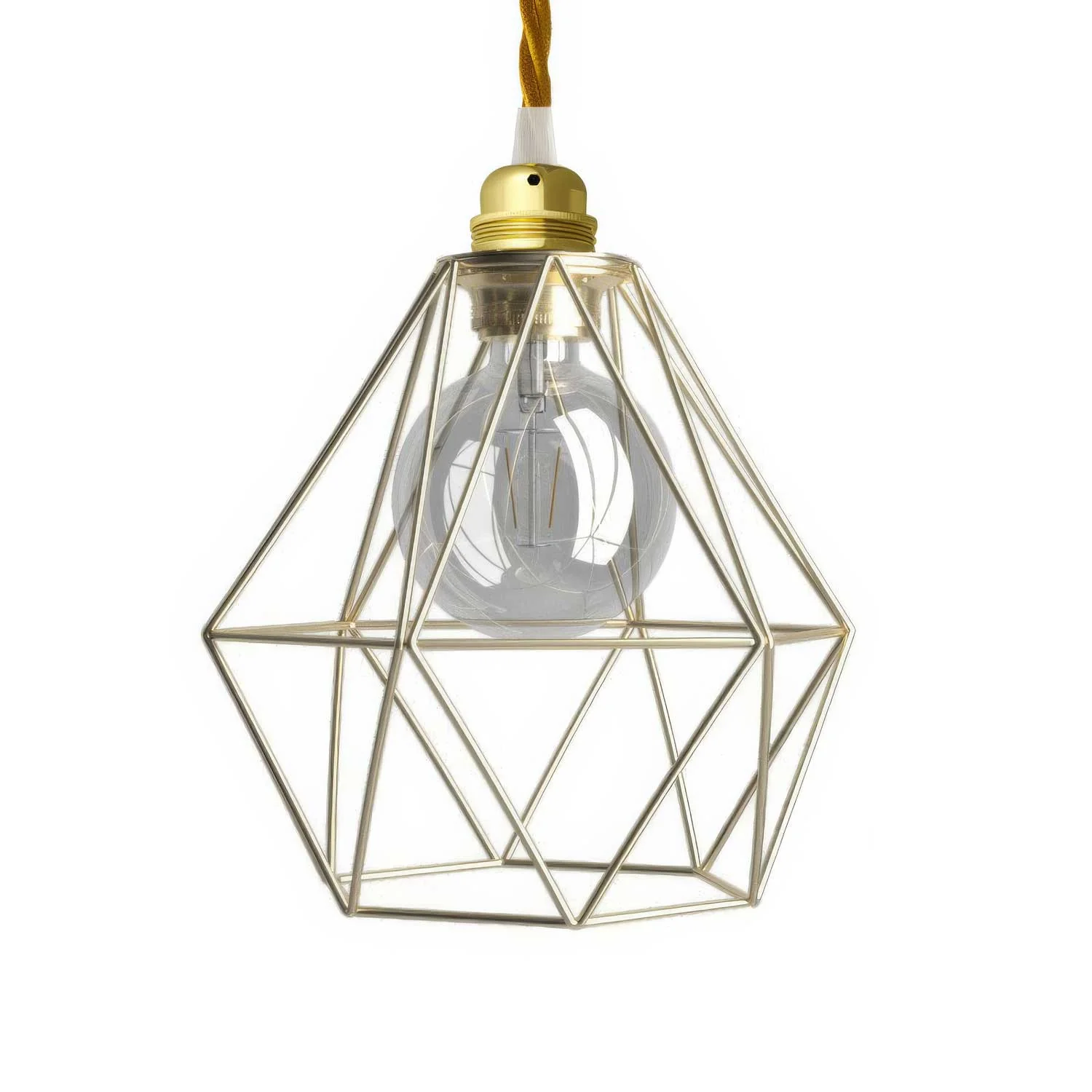 Complete pendant lamp with fabric cable, Diamond cage lampshade and metal finishes - Brass
