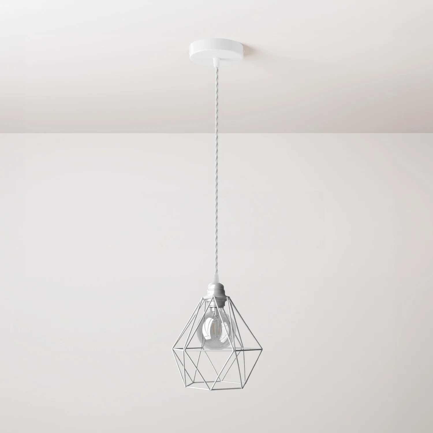 Pendant lamp complete with fabric cable, Diamond cage lampshade and metal finishes - White