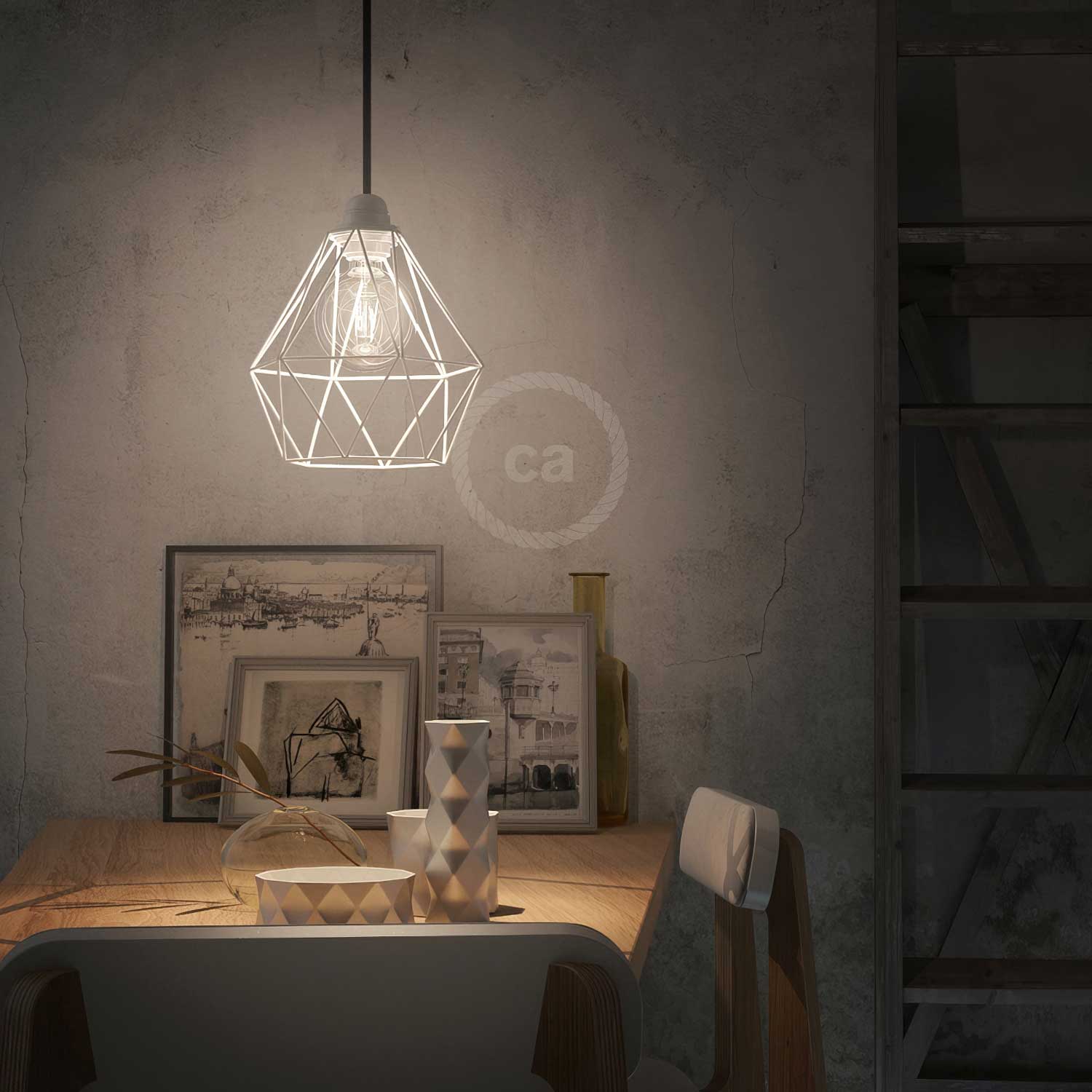 Pendant lamp complete with fabric cable, Diamond cage lampshade and metal finishes - White - Image 2