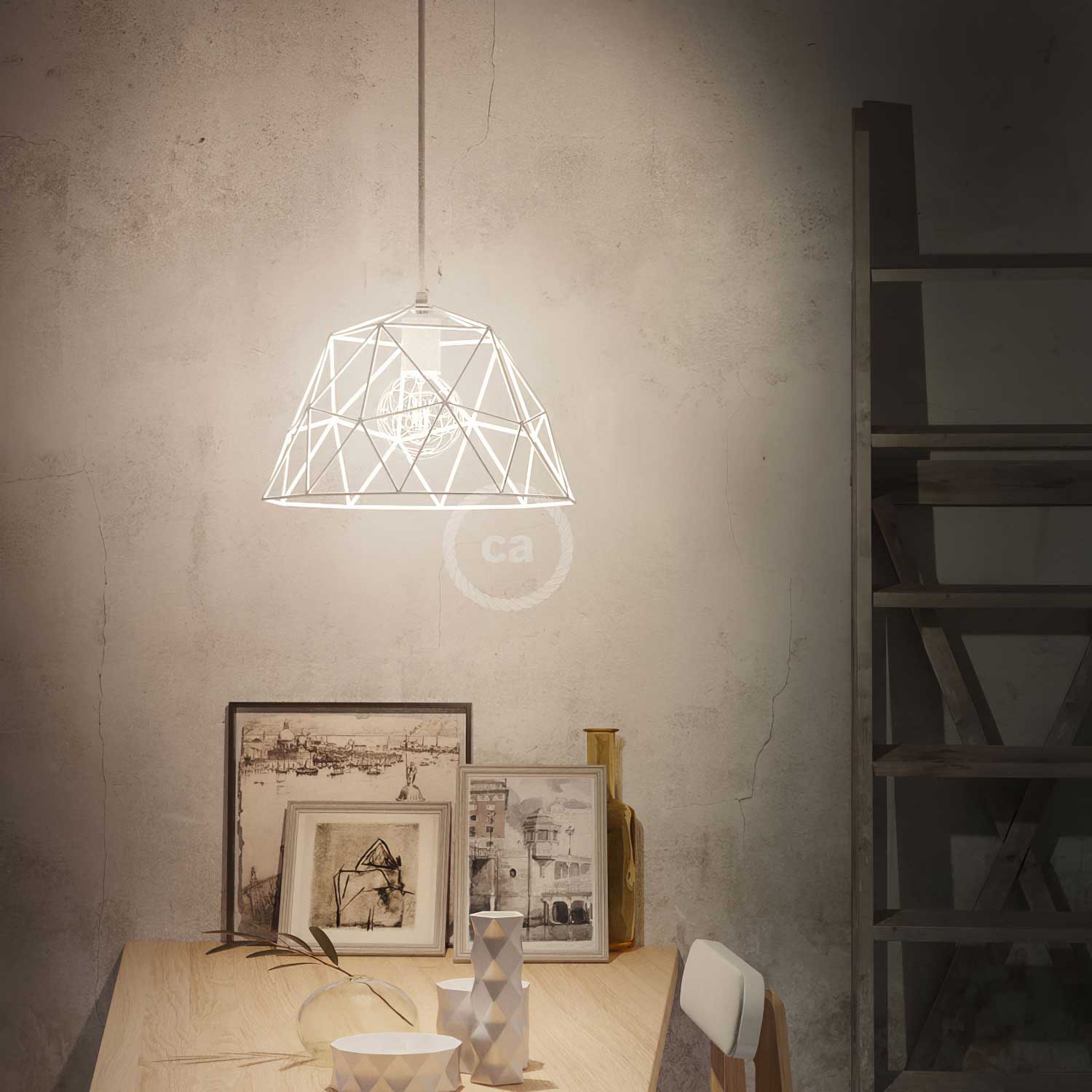 Pendant lamp complete with textile cable, Dome lampshade and metal fittings - White - Image 2