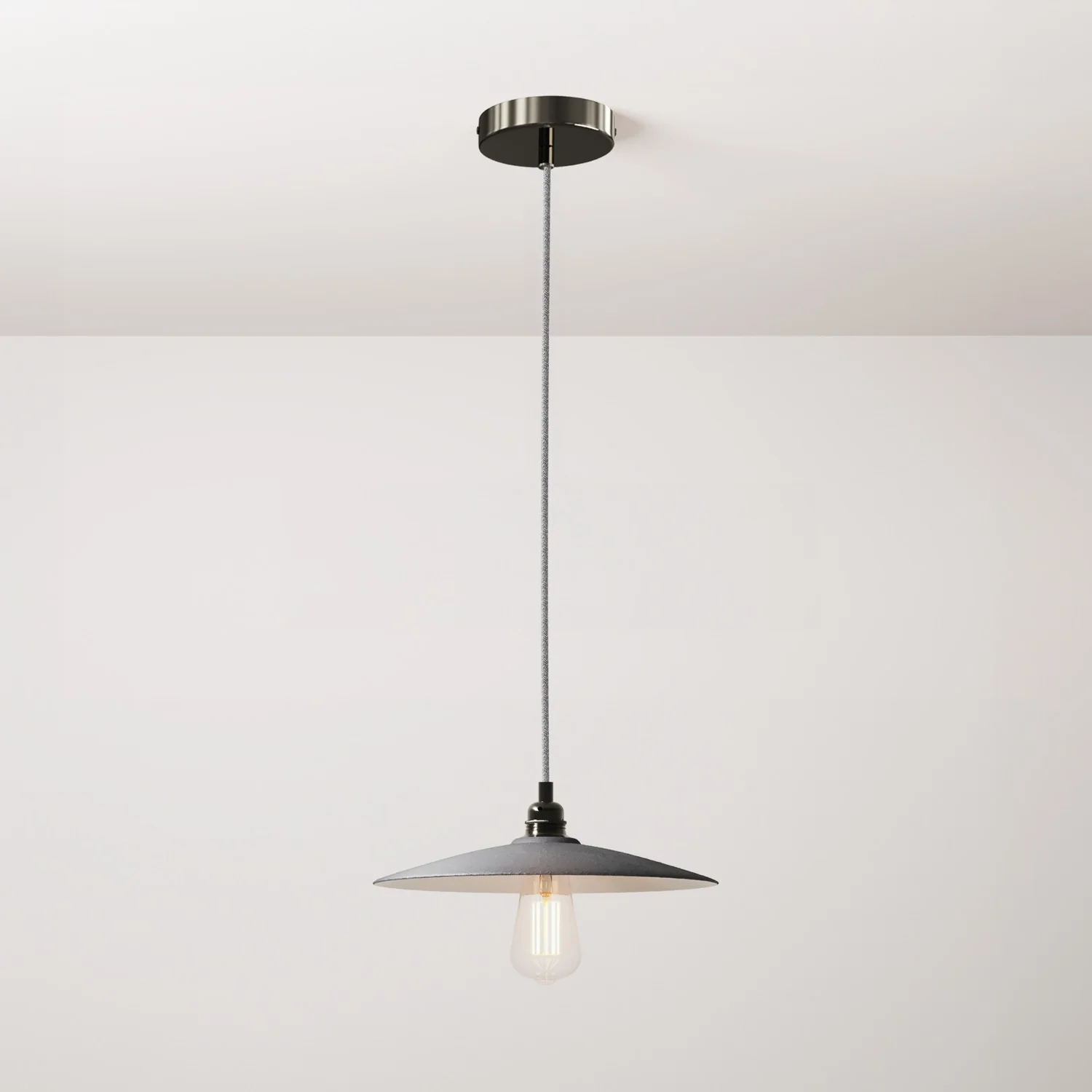 Pendant lamp complete with fabric cable, Piatto ceramic lampshade and metal finishes - Concrete effect