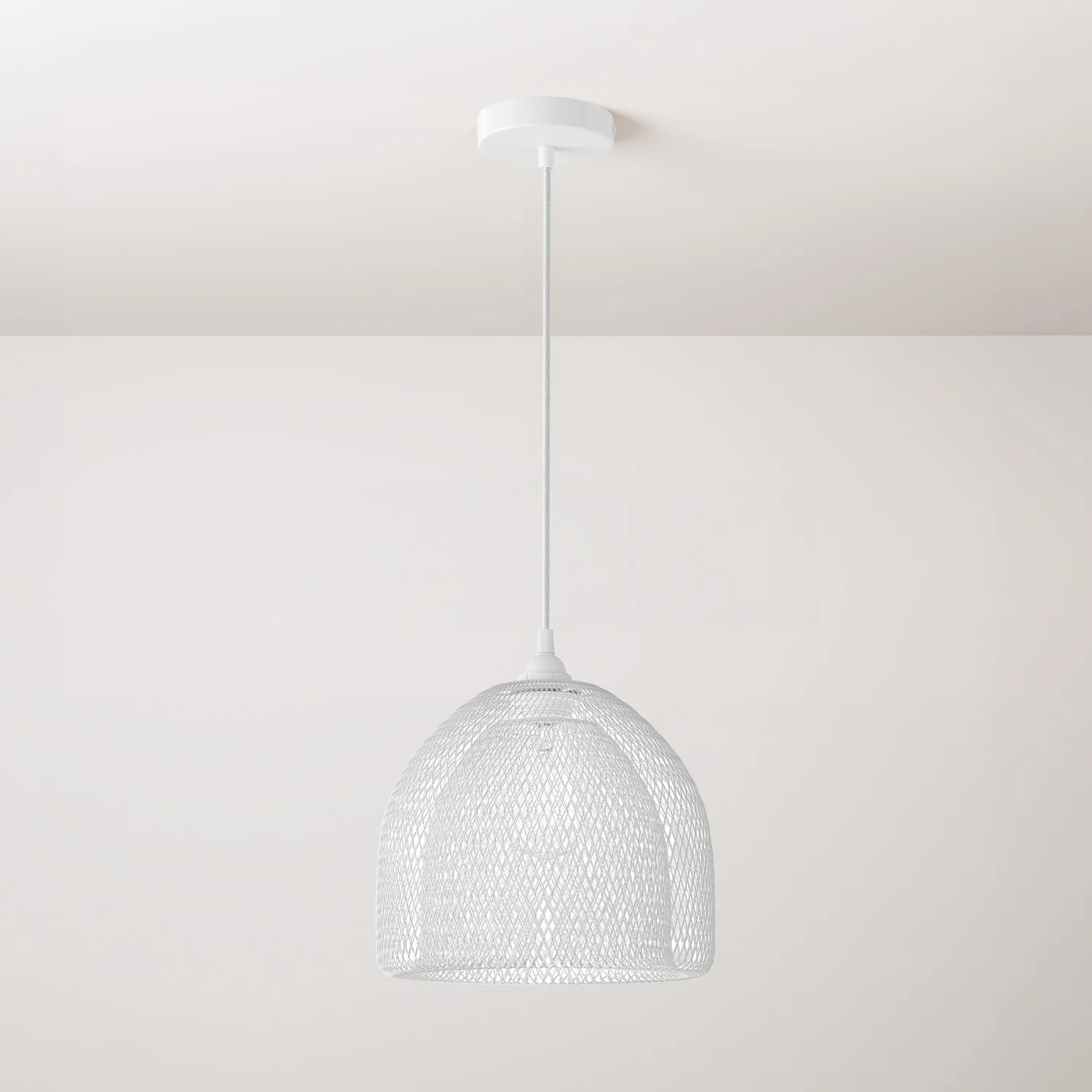 Pendant lamp complete with fabric cable, Ghostbell XL cage lampshade and metal finishes - White