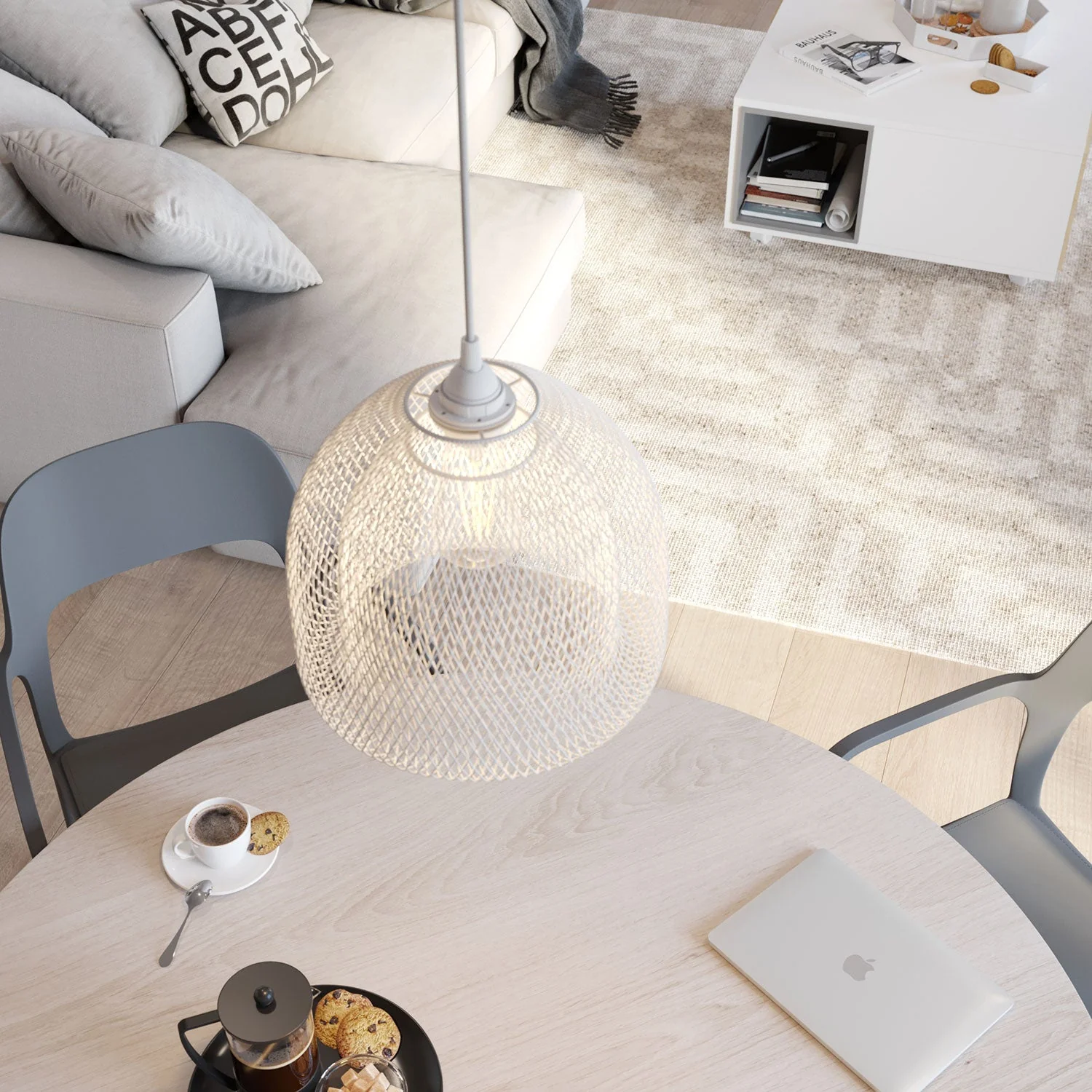 Pendant lamp complete with fabric cable, Ghostbell XL cage lampshade and metal finishes - White - Image 2