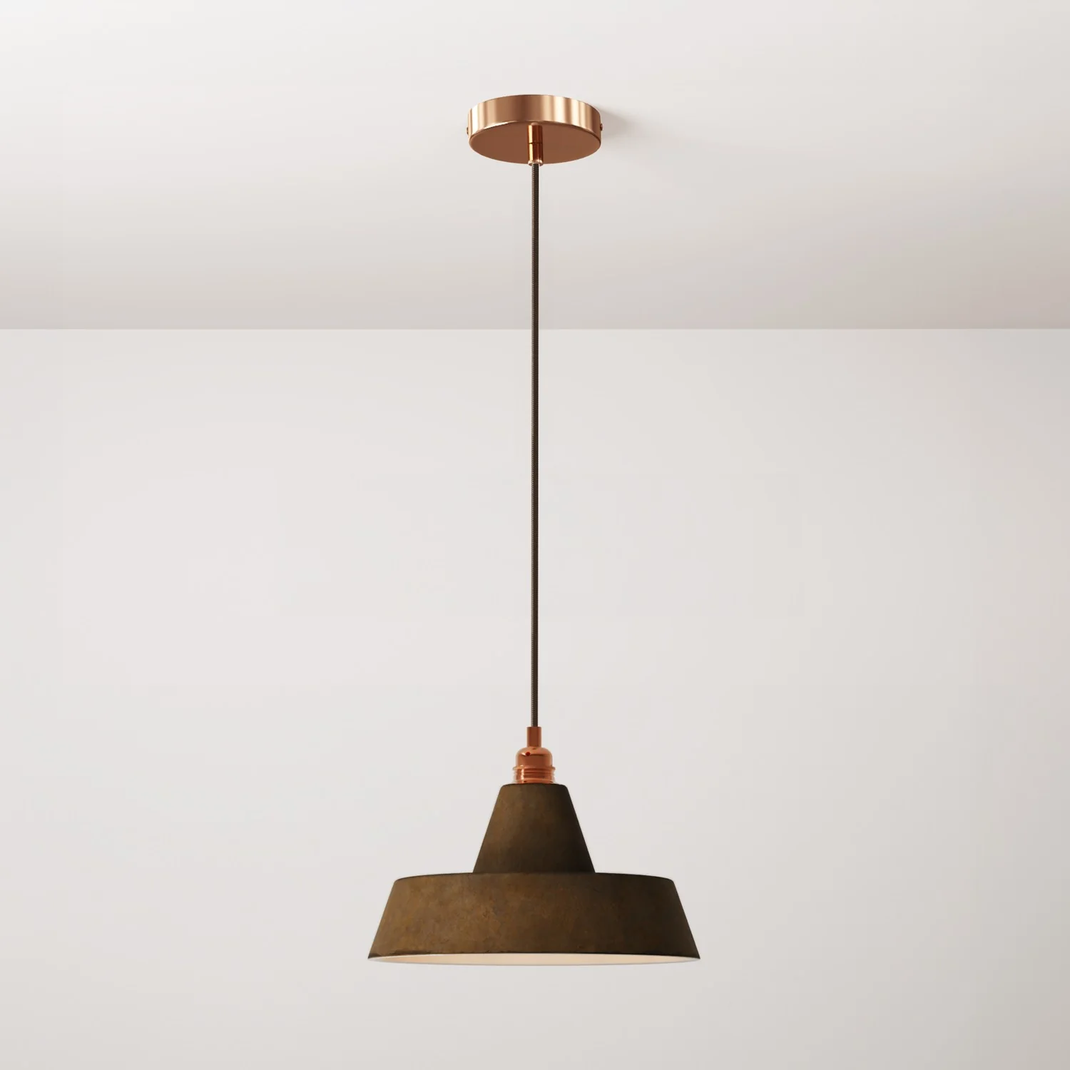 Pendant lamp complete with fabric cable, industrial ceramic lampshade and metal finishes – Corten effect