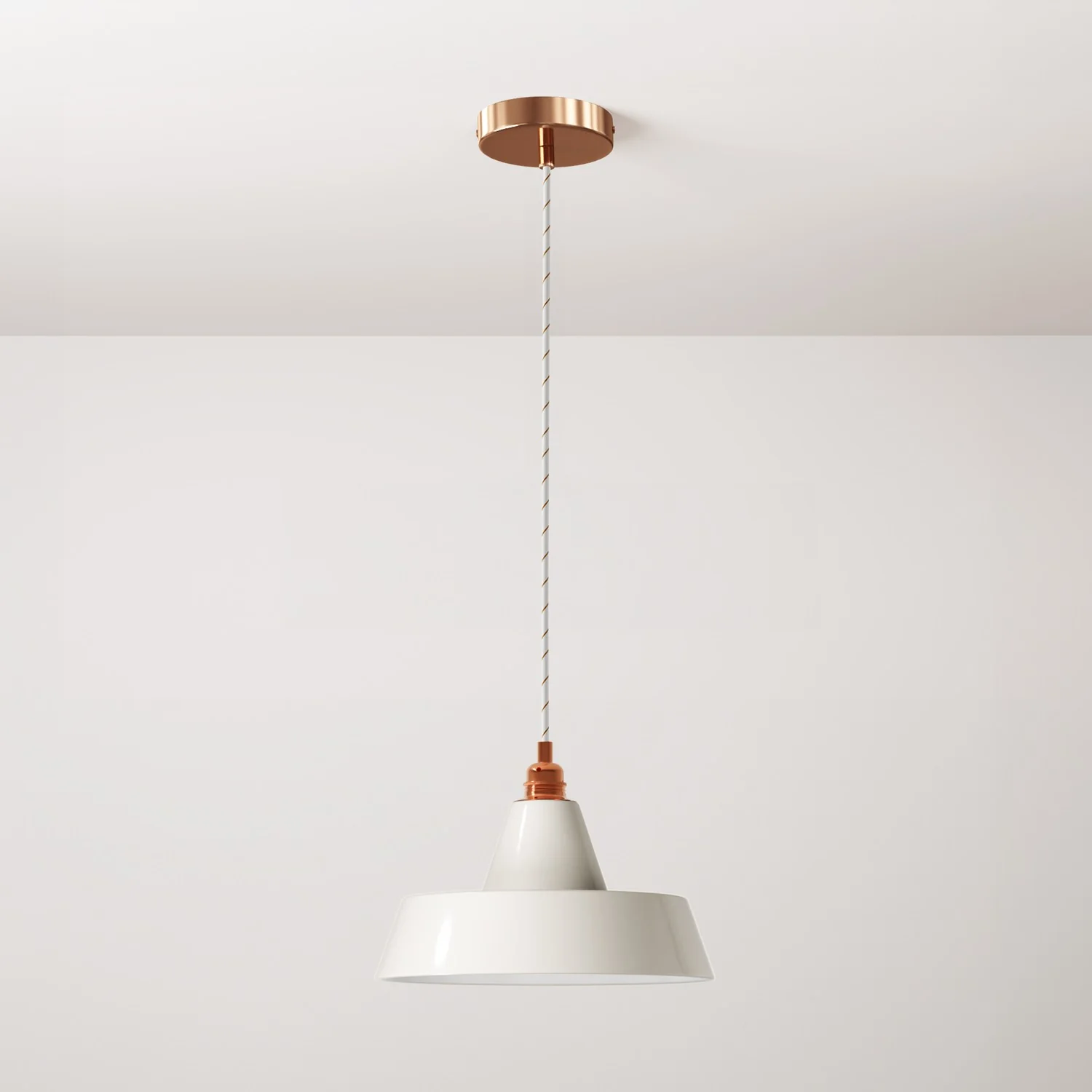 Pendant lamp complete with textile cable, industrial ceramic lampshade and metal finishes - Glossy white
