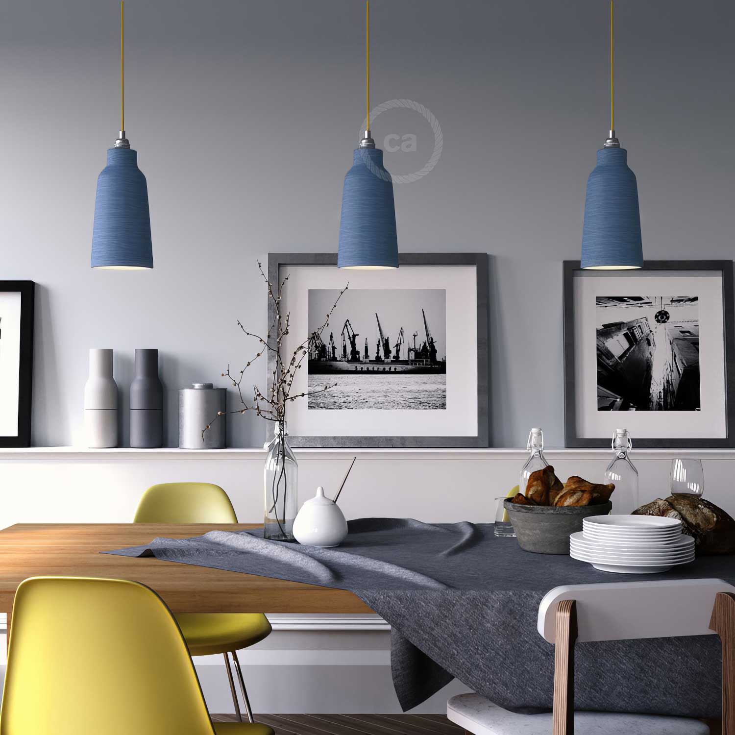 Pendant lamp complete with fabric cable, Bottle ceramic lampshade and metal fittings - Striated Avion - Image 2