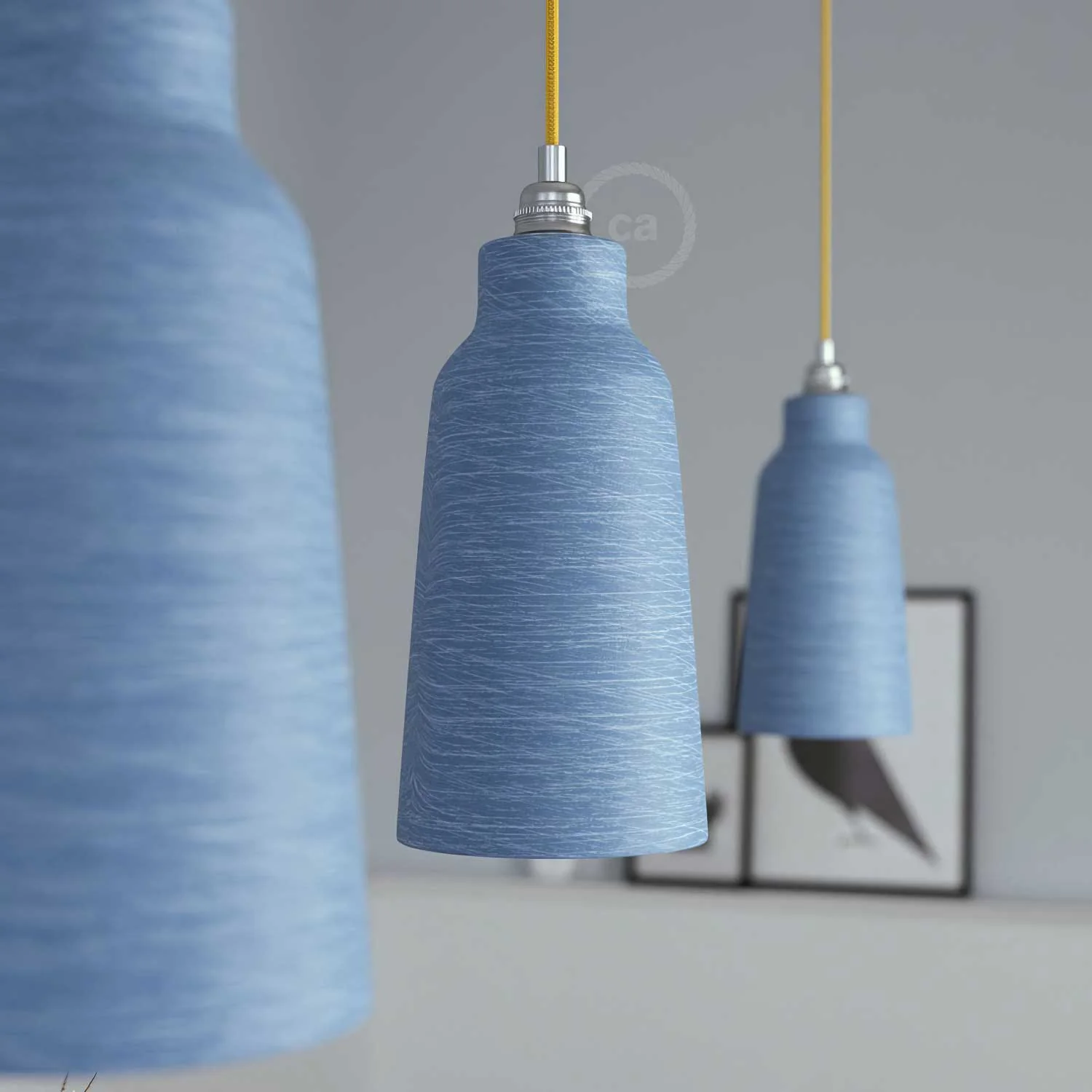 Pendant lamp complete with fabric cable, Bottle ceramic lampshade and metal fittings - Striated Avion - Image 3