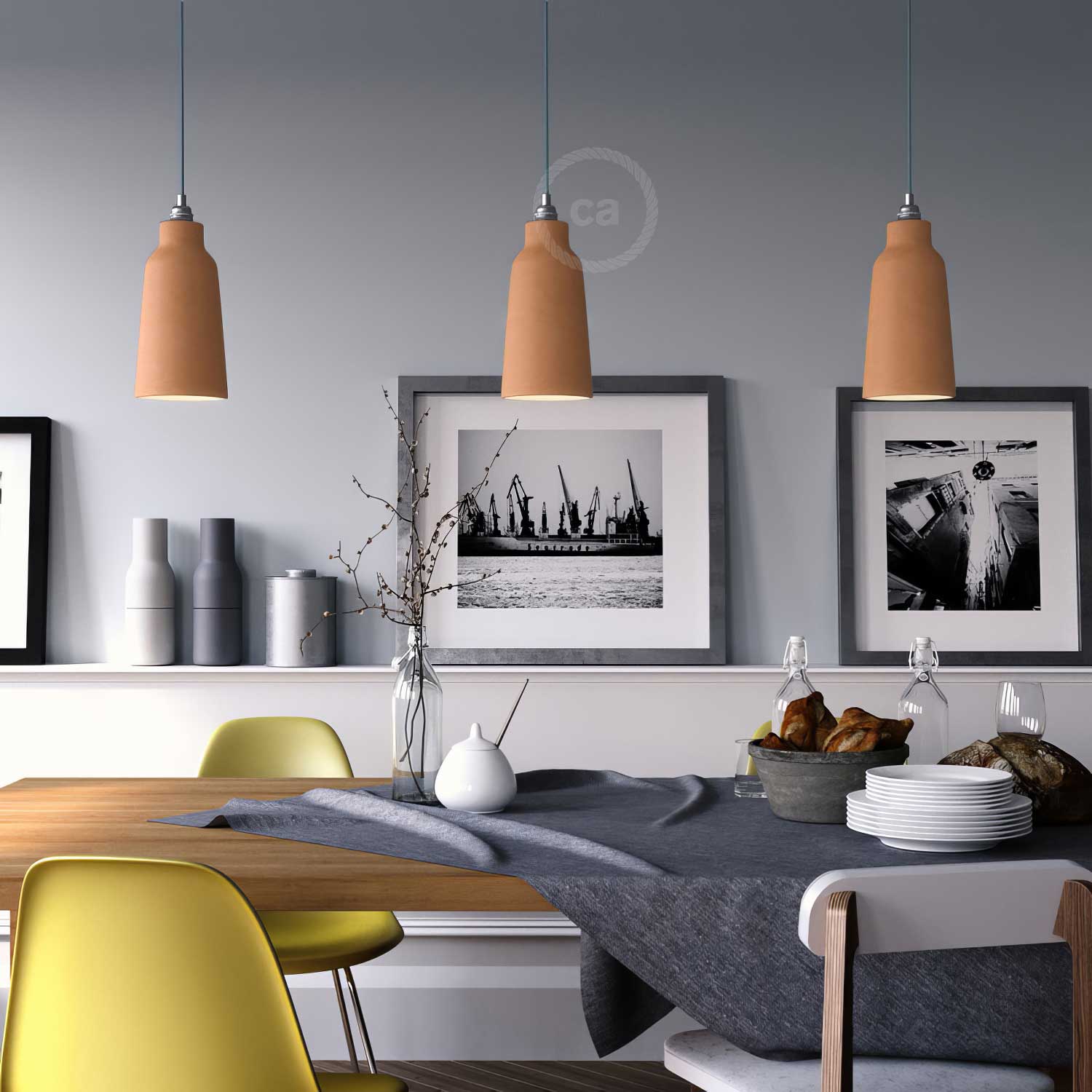 Pendant lamp complete with fabric cable, Bottle ceramic lampshade and metal finishes - Striated terracotta - Image 2
