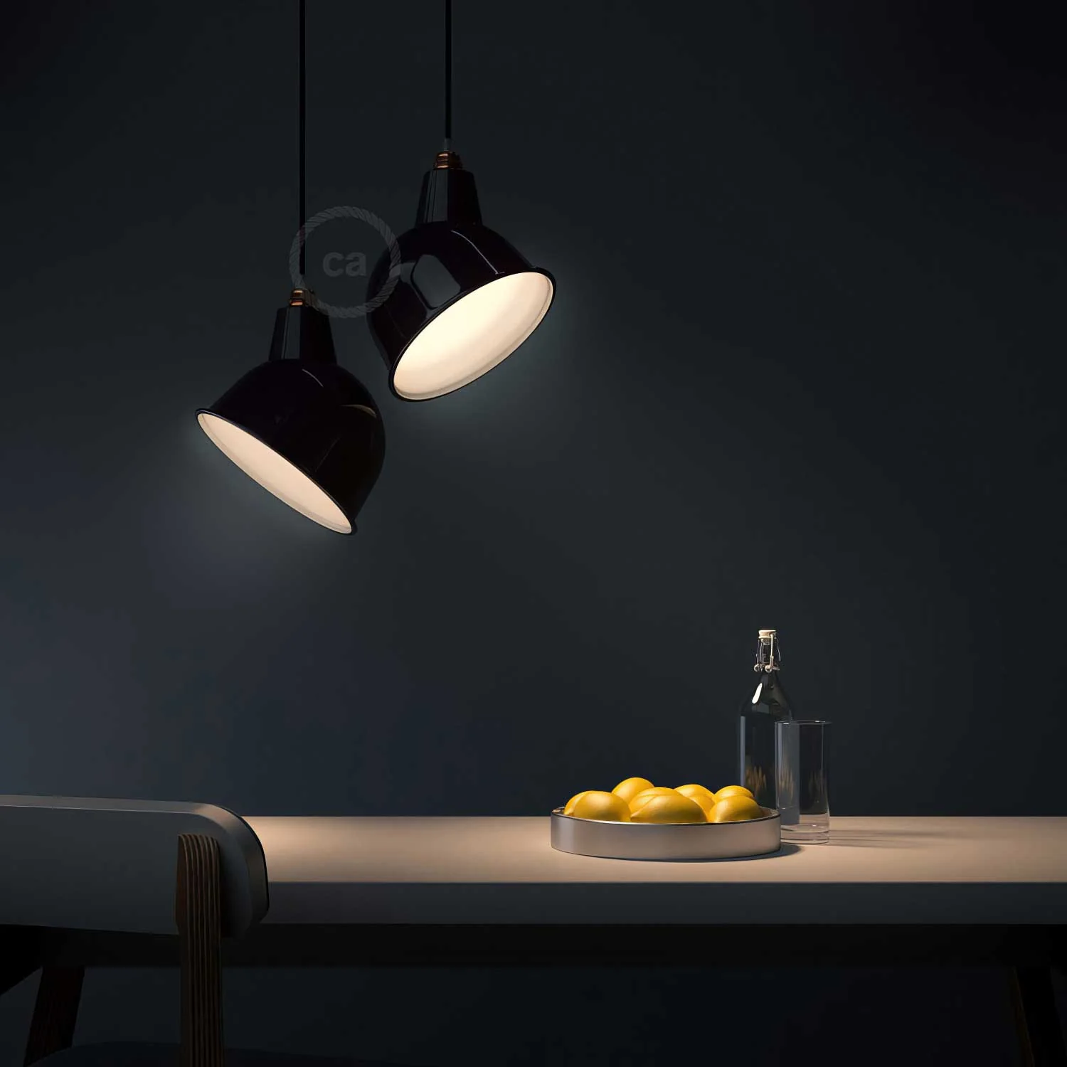 Pendant light complete with textile cable, Broadway lampshade and metal finishes - Black - Image 2