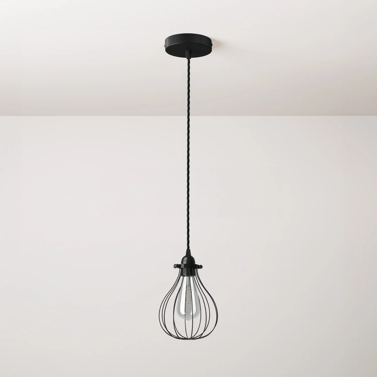 Pendant lamp complete with textile cable, Drop cage lampshade and metal finishes - Black