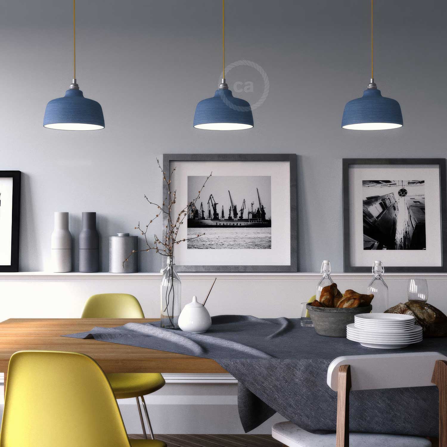 Pendant lamp complete with fabric cable, Coppa ceramic lampshade and metal finishes - Striated Avion - Image 2