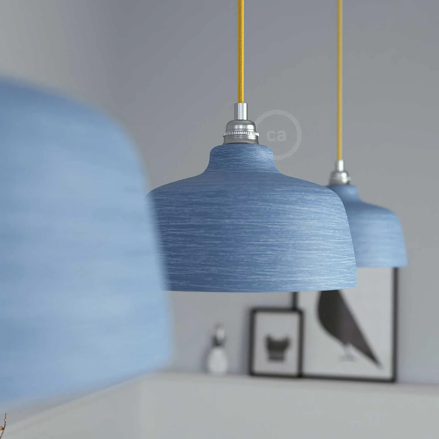Pendant lamp complete with fabric cable, Coppa ceramic lampshade and metal finishes - Striated Avion - Image 3