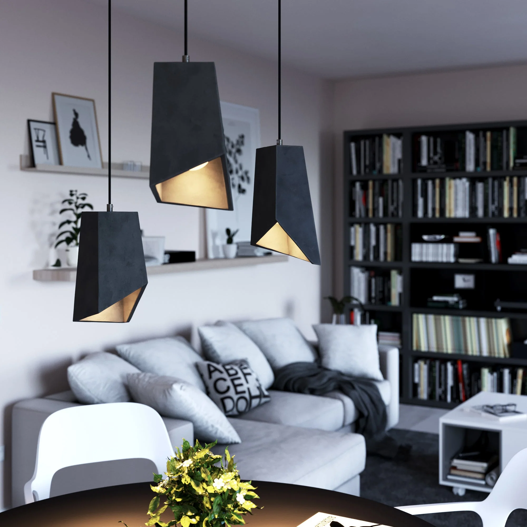 Pendant lamp complete with fabric cable, Prisma concrete lampshade and metal finishes - Dark concrete - Image 2