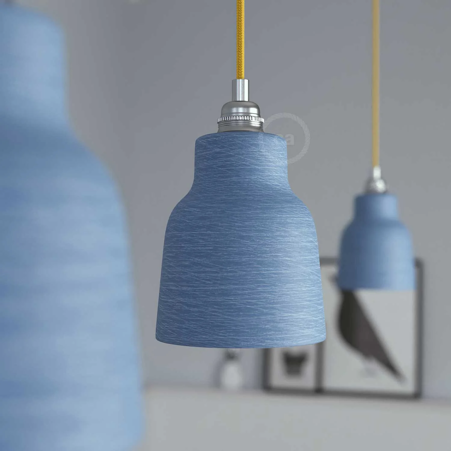 Pendant lamp complete with textile Cable, Vaso ceramic Lampshade and metal finishes - Striated Avion - Image 3