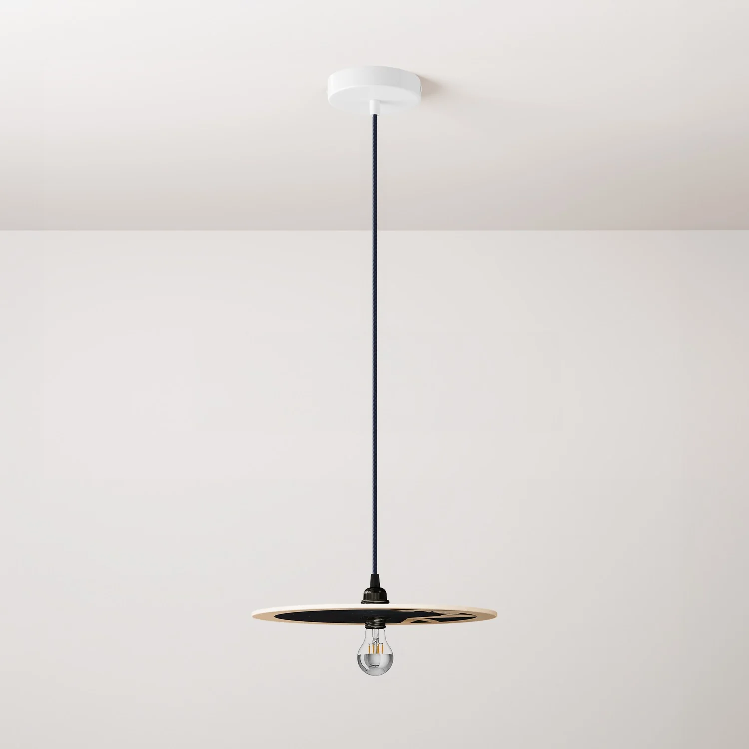 Pendant lamp complete with textile cable, UFO double-sided wooden lampshade and metal finishes - Chiara Fucà