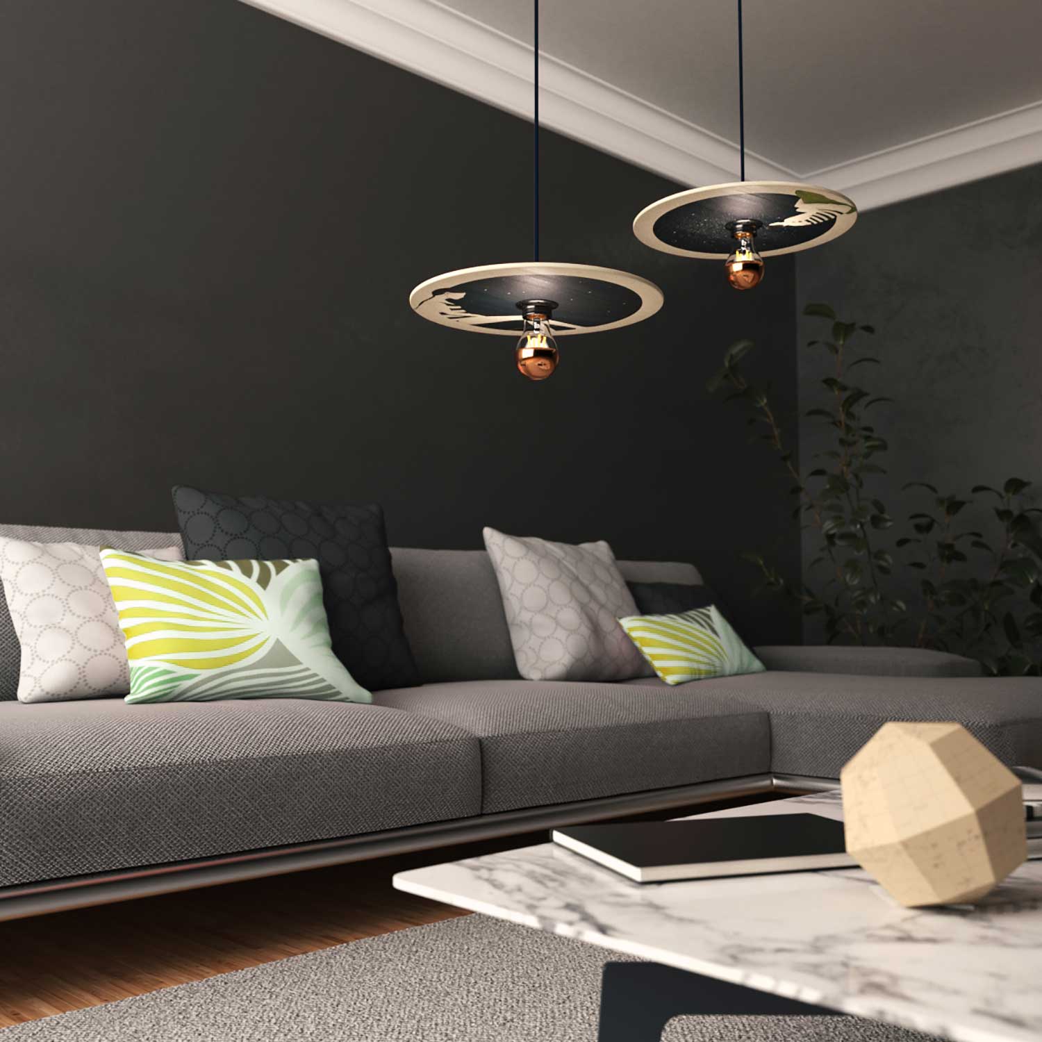 Pendant lamp complete with textile cable, UFO double-sided wooden lampshade and metal finishes - Chiara Fucà - Image 3