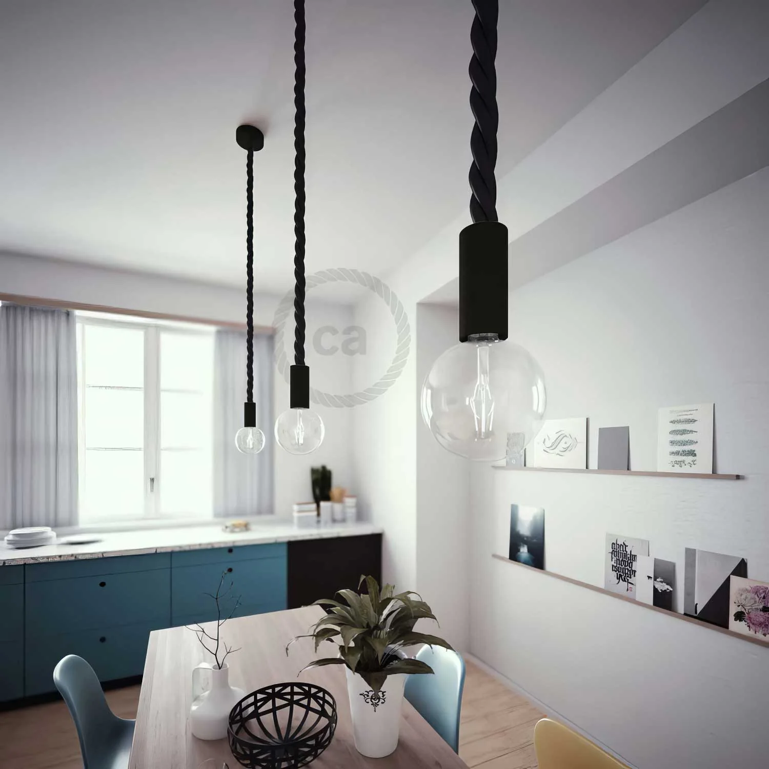Pendant lamp complete with 3XL nautical rope 30 mm and painted wooden finishes - Black - Image 3