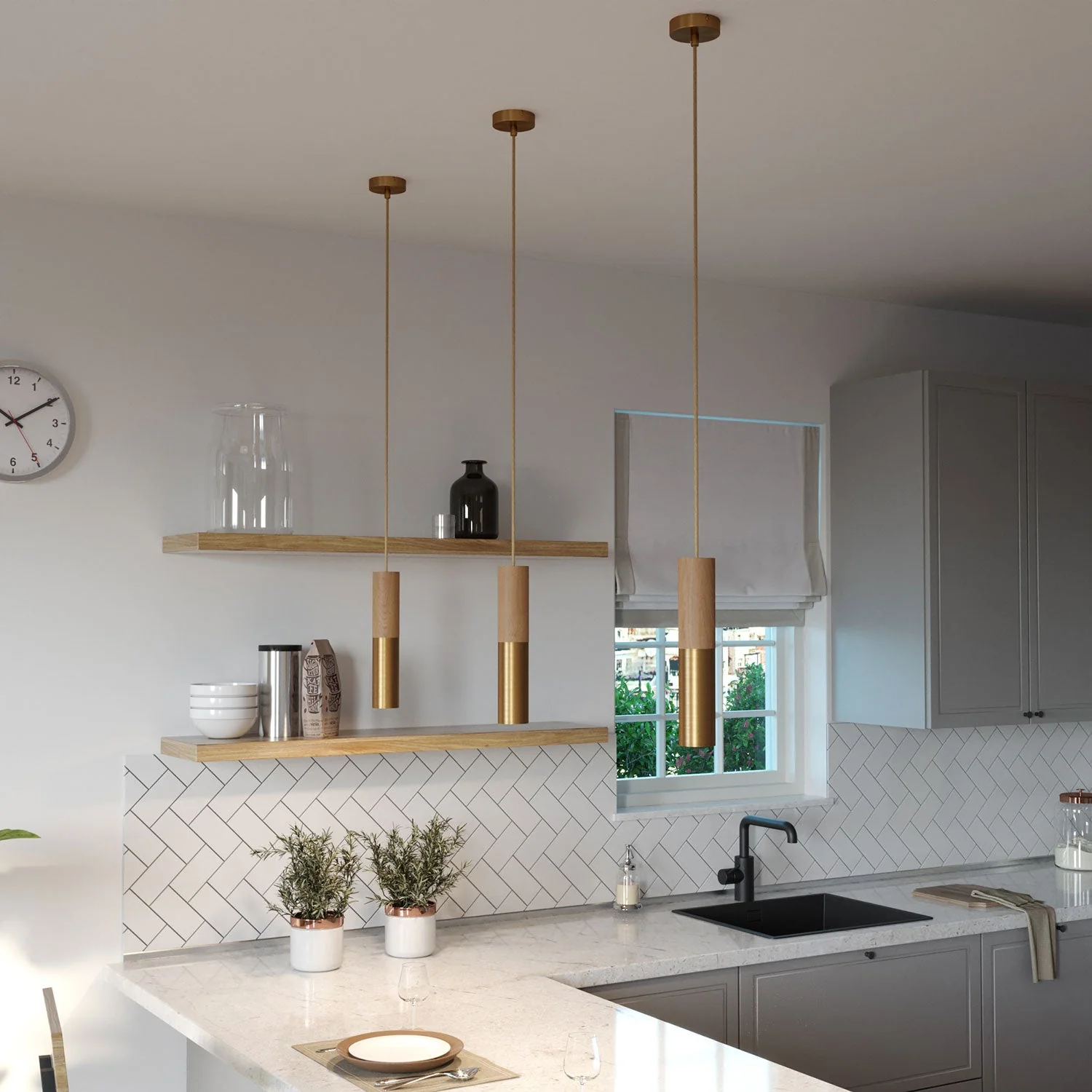 Pendant lamp complete with fabric cable and double Tub-E14 lampshade in wood and metal - Satin bronze - Image 3
