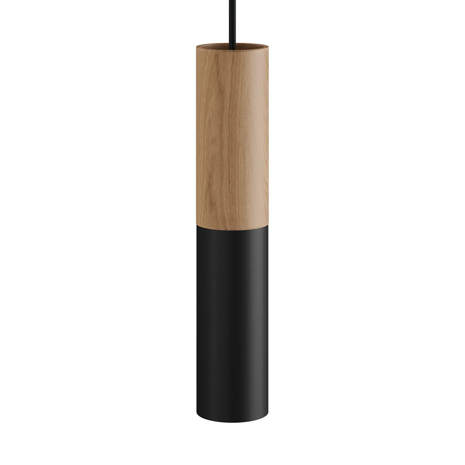 Pendant lamp complete with fabric cable and double Tub-E14 lampshade in wood and metal - Black