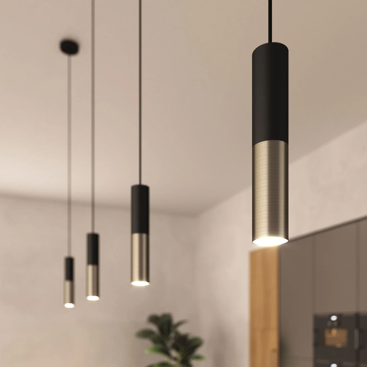 Pendant lamp complete with textile cable and double Tub-E14 lampshade - Black and Satin Titanium - Image 3