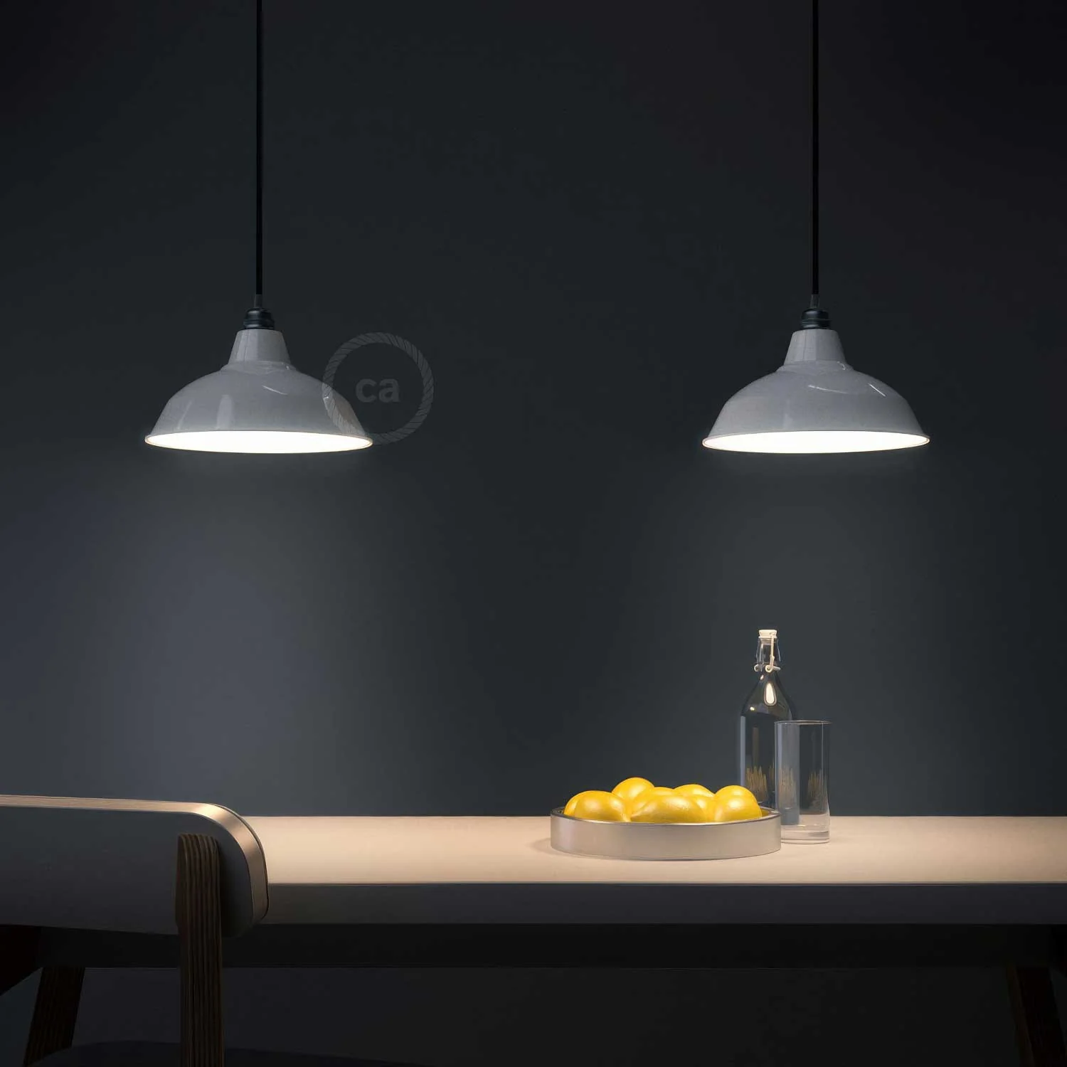 Complete pendant lamp with fabric cable, Bistrot lampshade, and metal finishes - White - Image 2