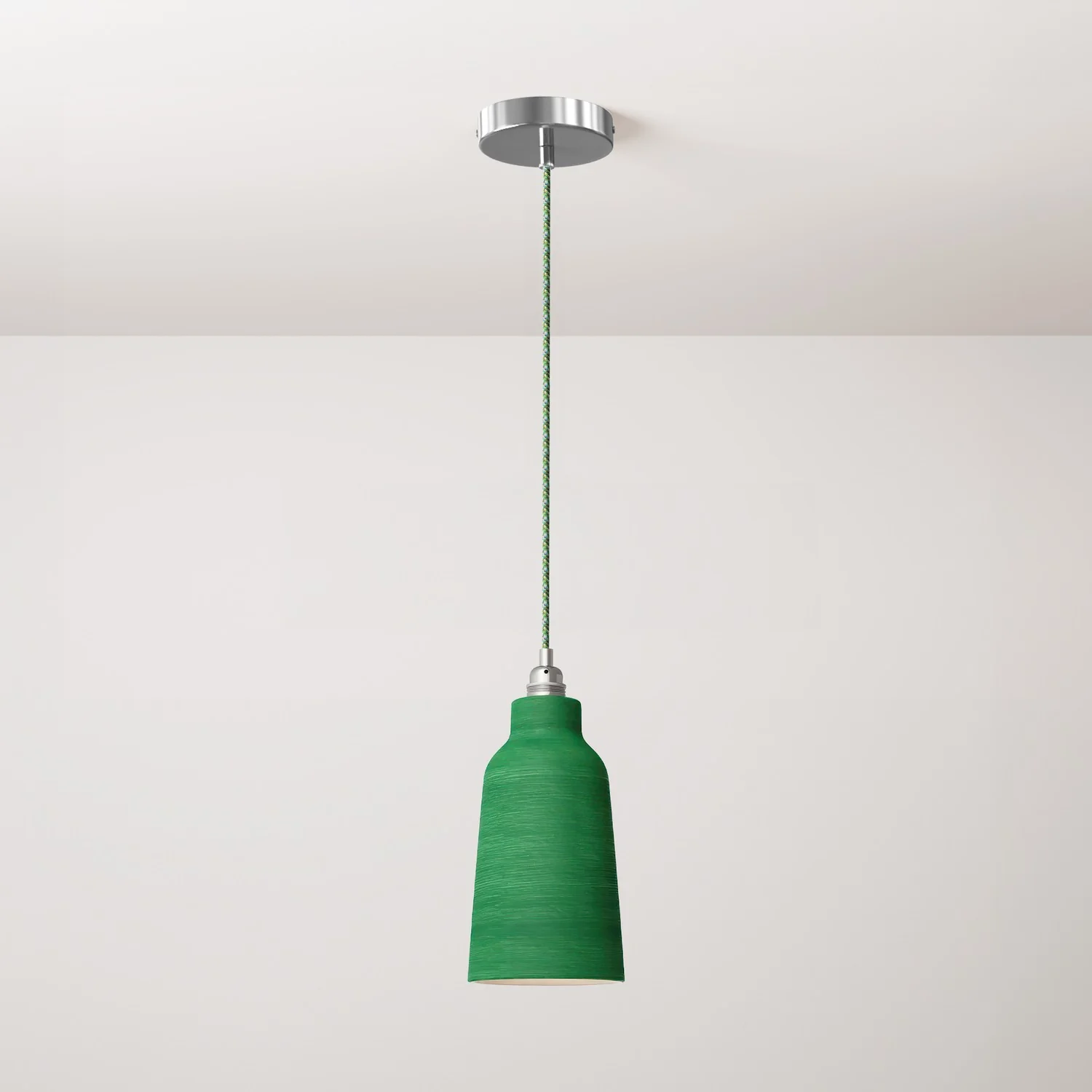 Pendant lamp complete with textile cable, Bottiglia ceramic lampshade and metal fittings - Striped Evergreen