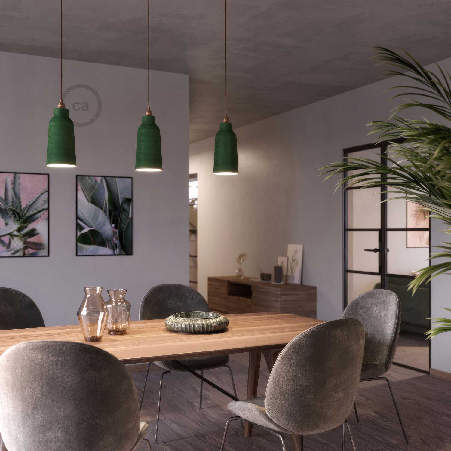 Pendant lamp complete with textile cable, Bottiglia ceramic lampshade and metal fittings - Striped Evergreen - Image 2