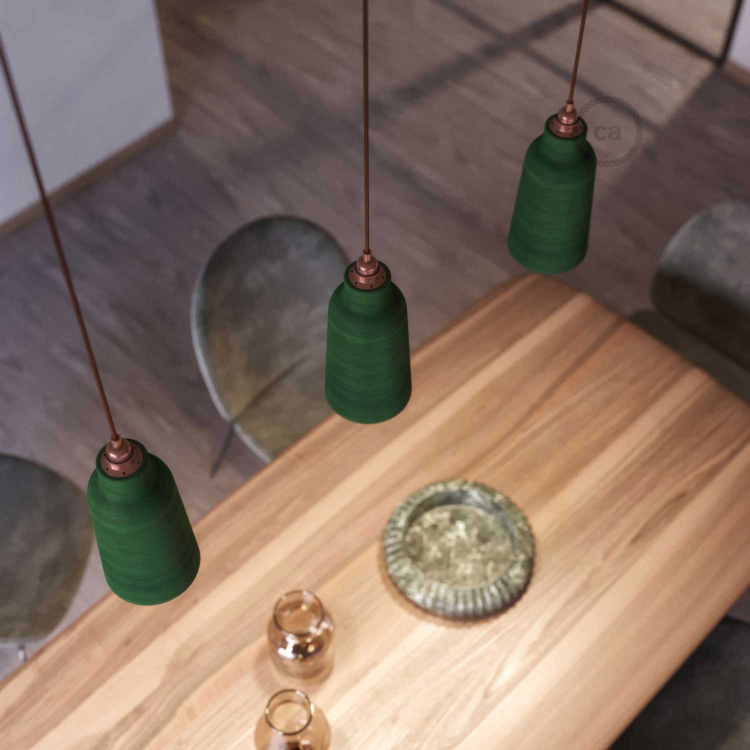 Pendant lamp complete with textile cable, Bottiglia ceramic lampshade and metal fittings - Striped Evergreen - Image 3
