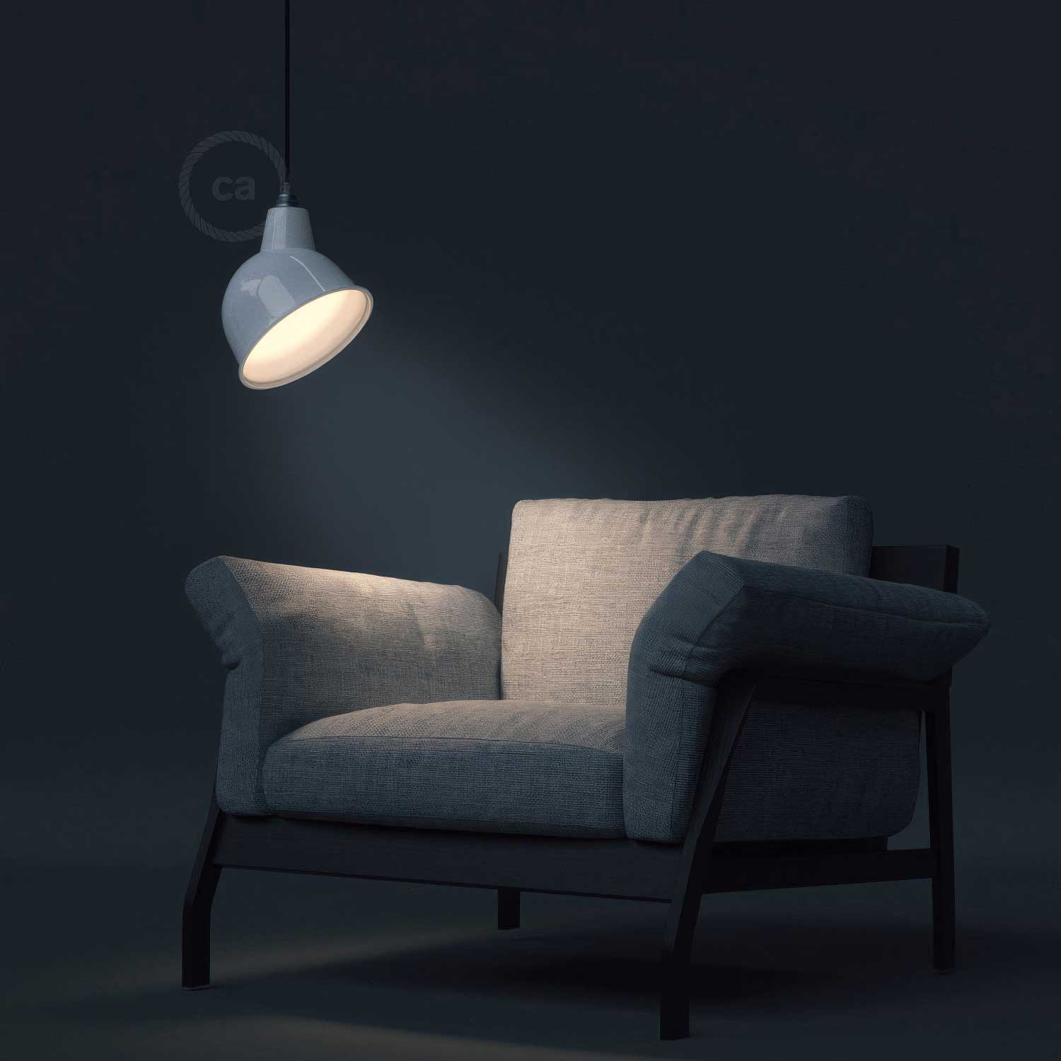 Pendant lamp complete with fabric cable, Broadway lampshade and metal finishes - White - Image 3