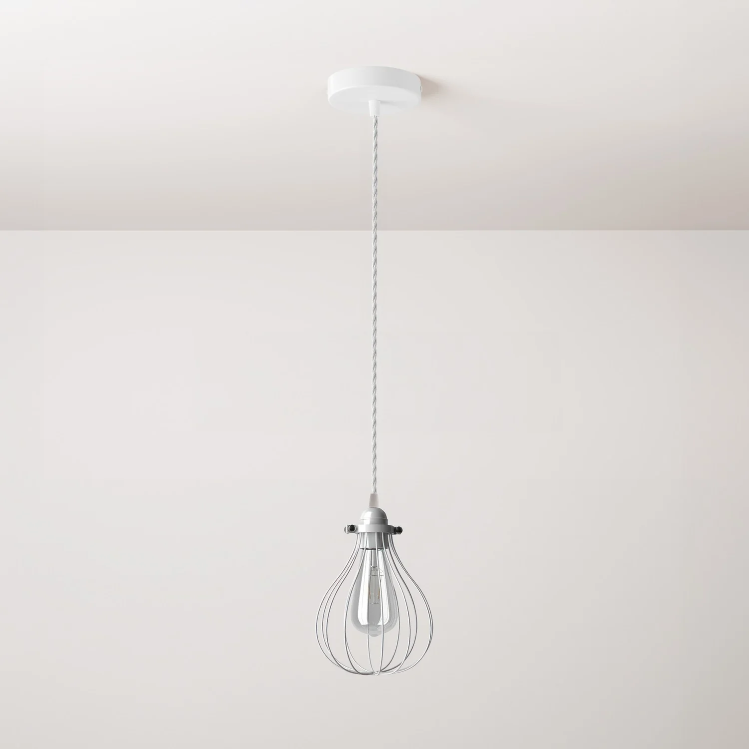 Pendant lamp complete with textile cable, Drop cage lampshade and metal finishes - White