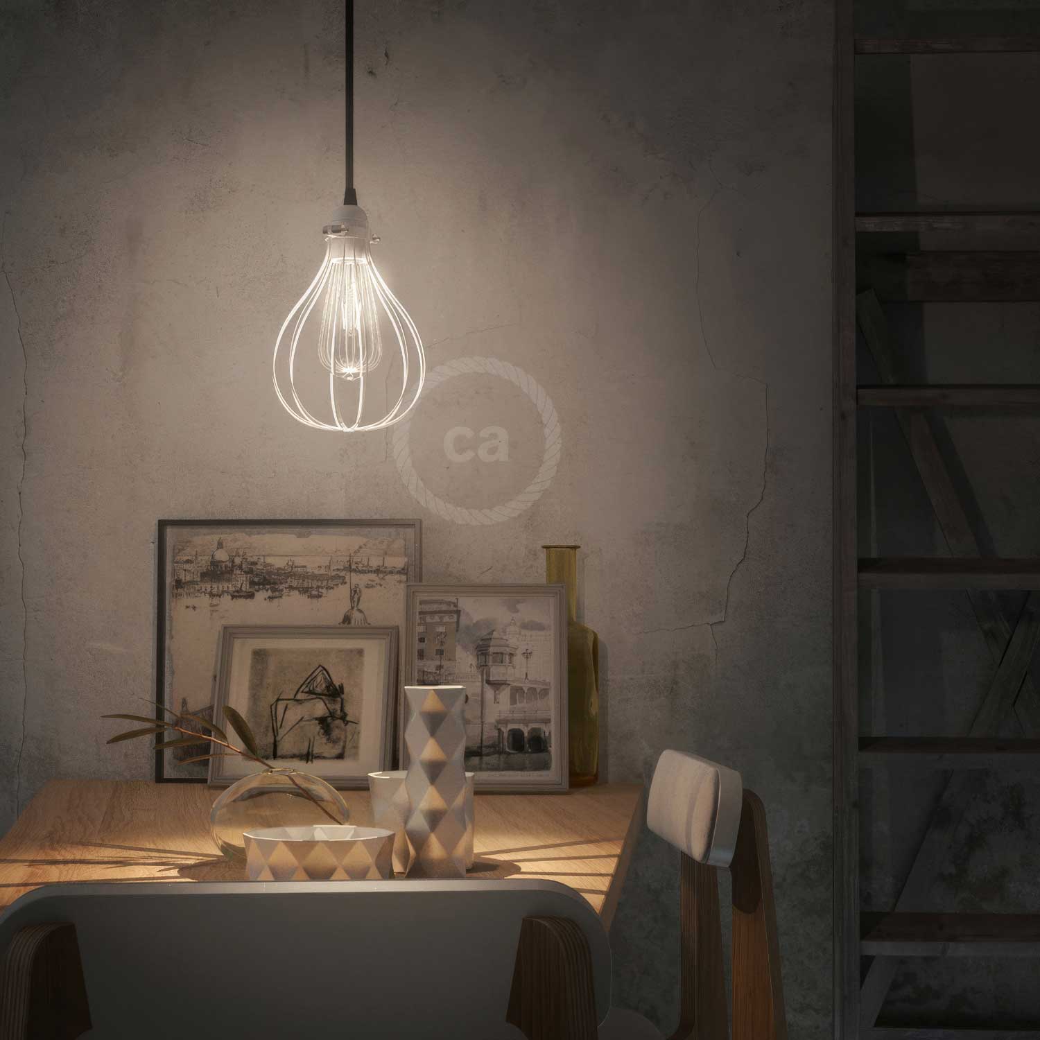 Pendant lamp complete with textile cable, Drop cage lampshade and metal finishes - White - Image 2
