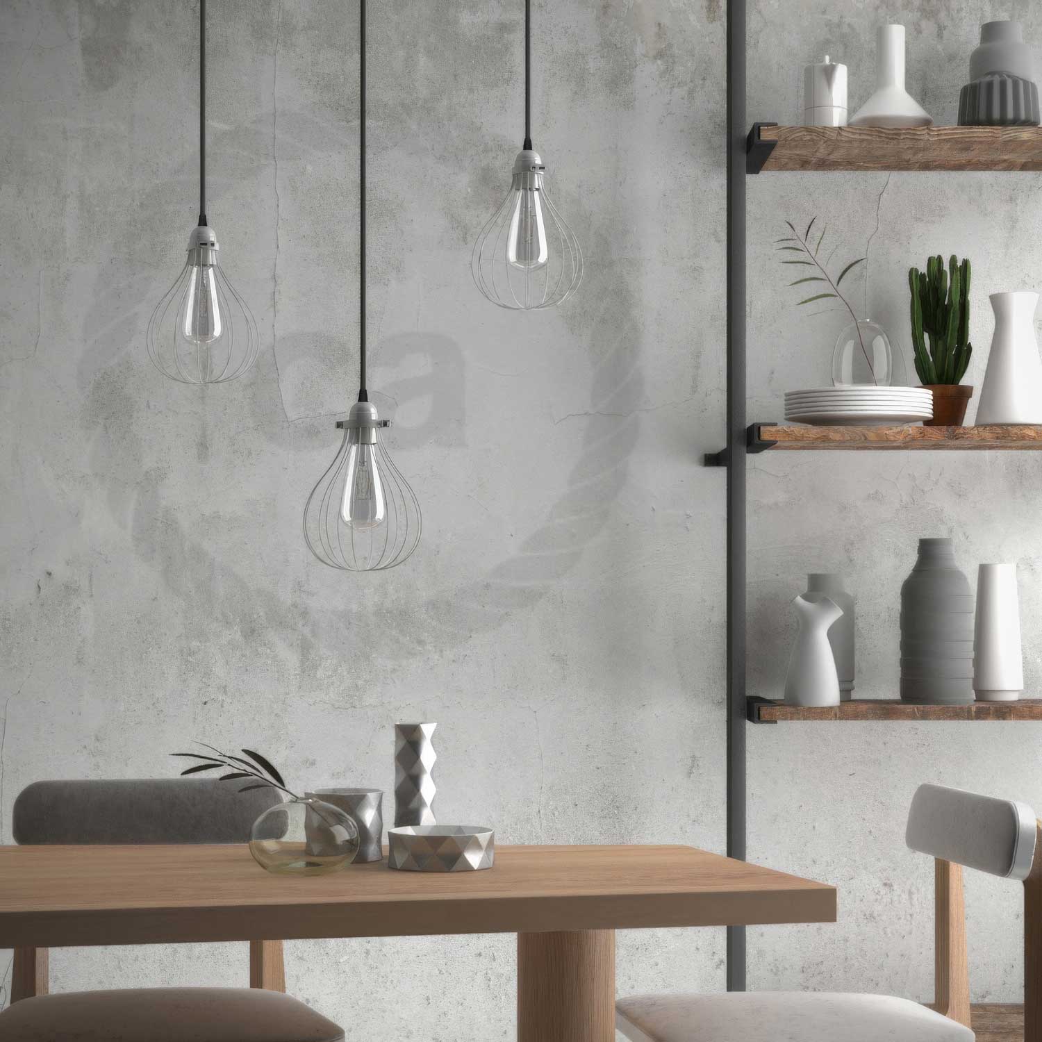 Pendant lamp complete with textile cable, Drop cage lampshade and metal finishes - White - Image 3