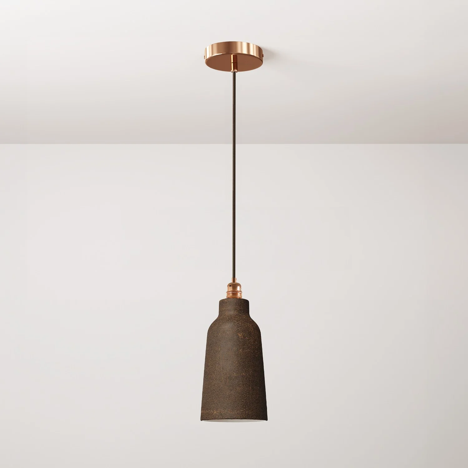 Pendant lamp complete with fabric cable, Bottle ceramic lampshade and metal finishes - Corten effect