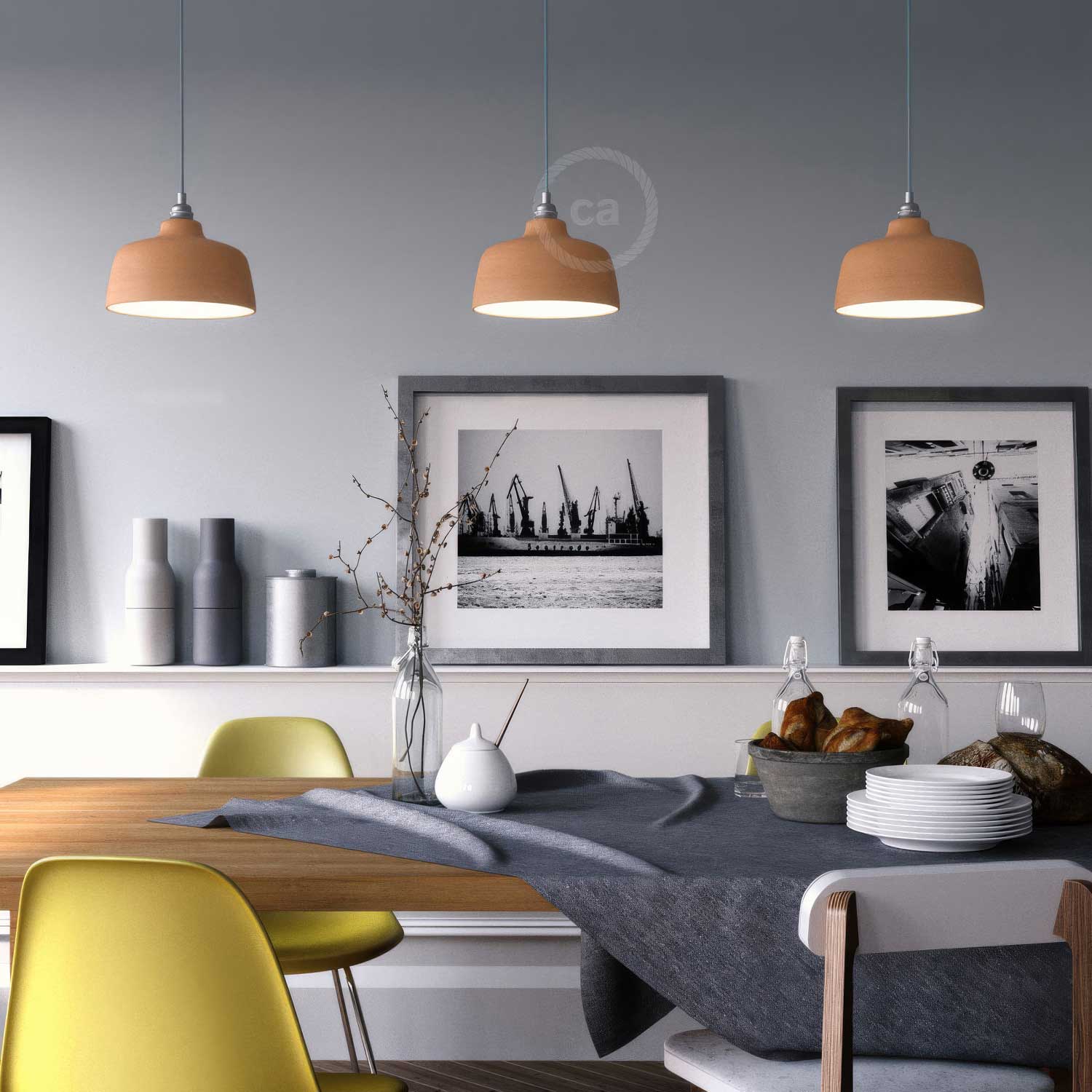 Pendant lamp complete with fabric cable, Coppa ceramic lampshade and metal fittings – Striated terracotta - Image 2