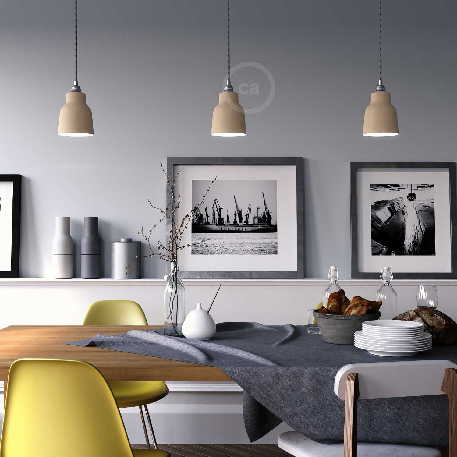 Pendant lamp complete with textile cable, Vaso ceramic lampshade and metal finishes - Striated dove grey - Image 2