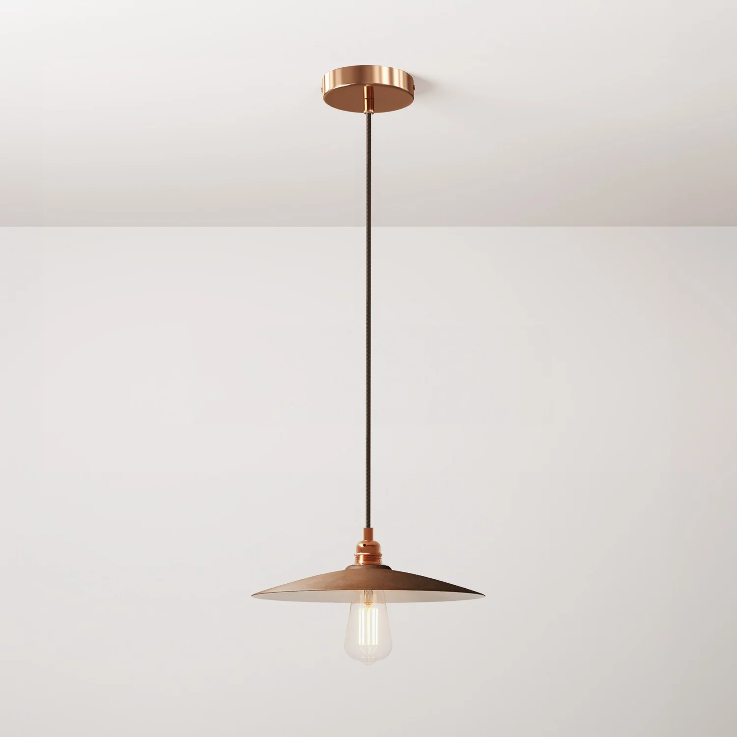 Pendant lamp complete with textile cable, flat ceramic lampshade and metal finishes - Corten effect