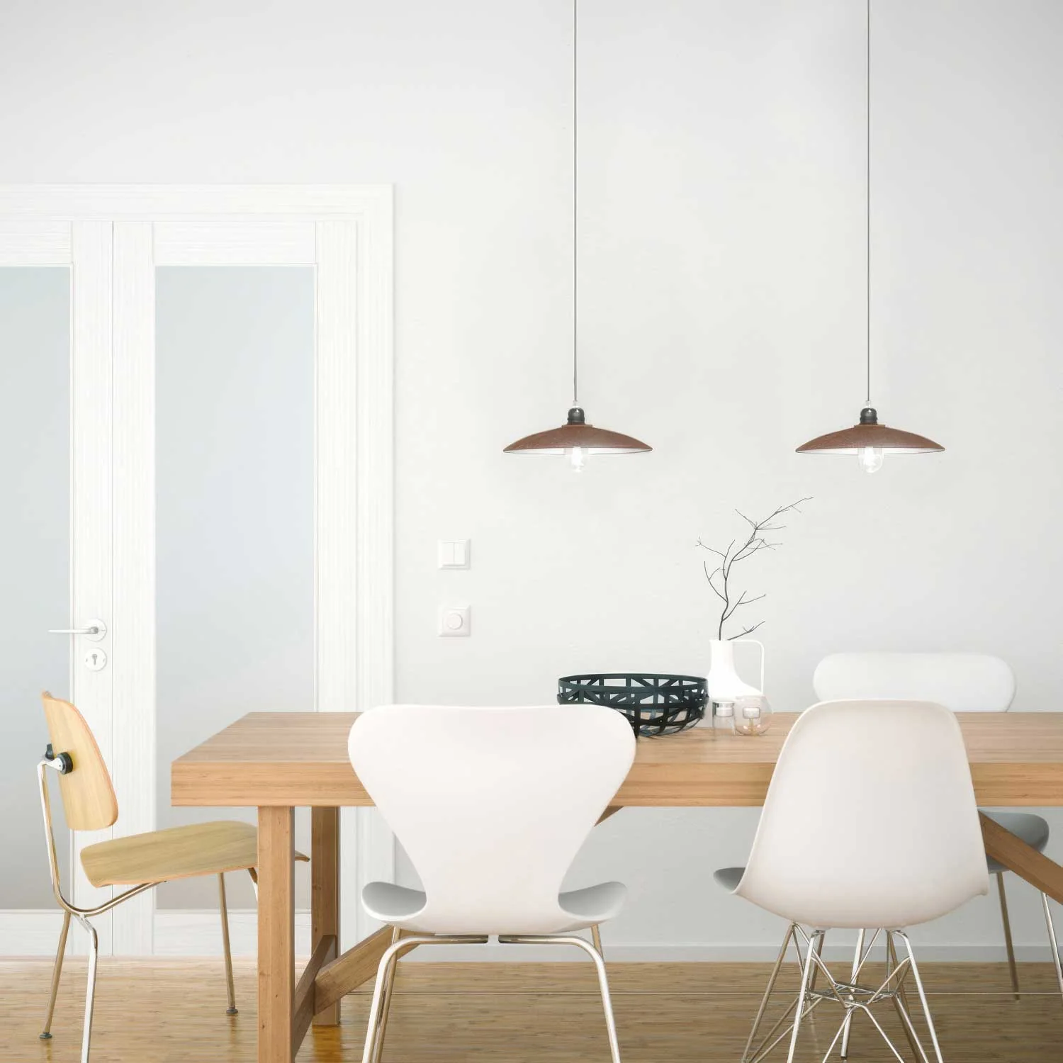 Pendant lamp complete with textile cable, flat ceramic lampshade and metal finishes - Corten effect - Image 2
