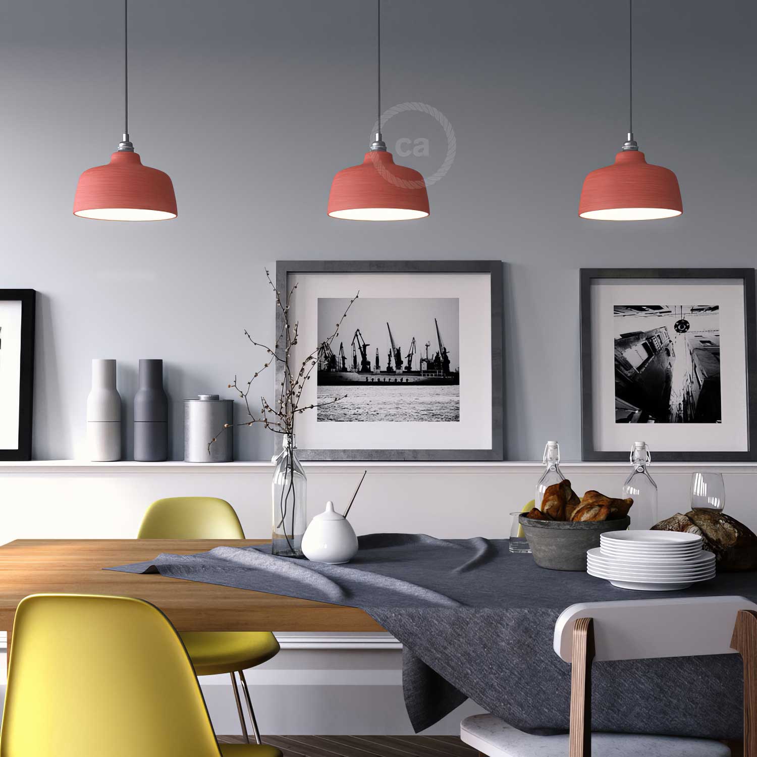 Pendant lamp complete with fabric cable, Coppa ceramic lampshade and metal finishes - Striated Coral - Image 2