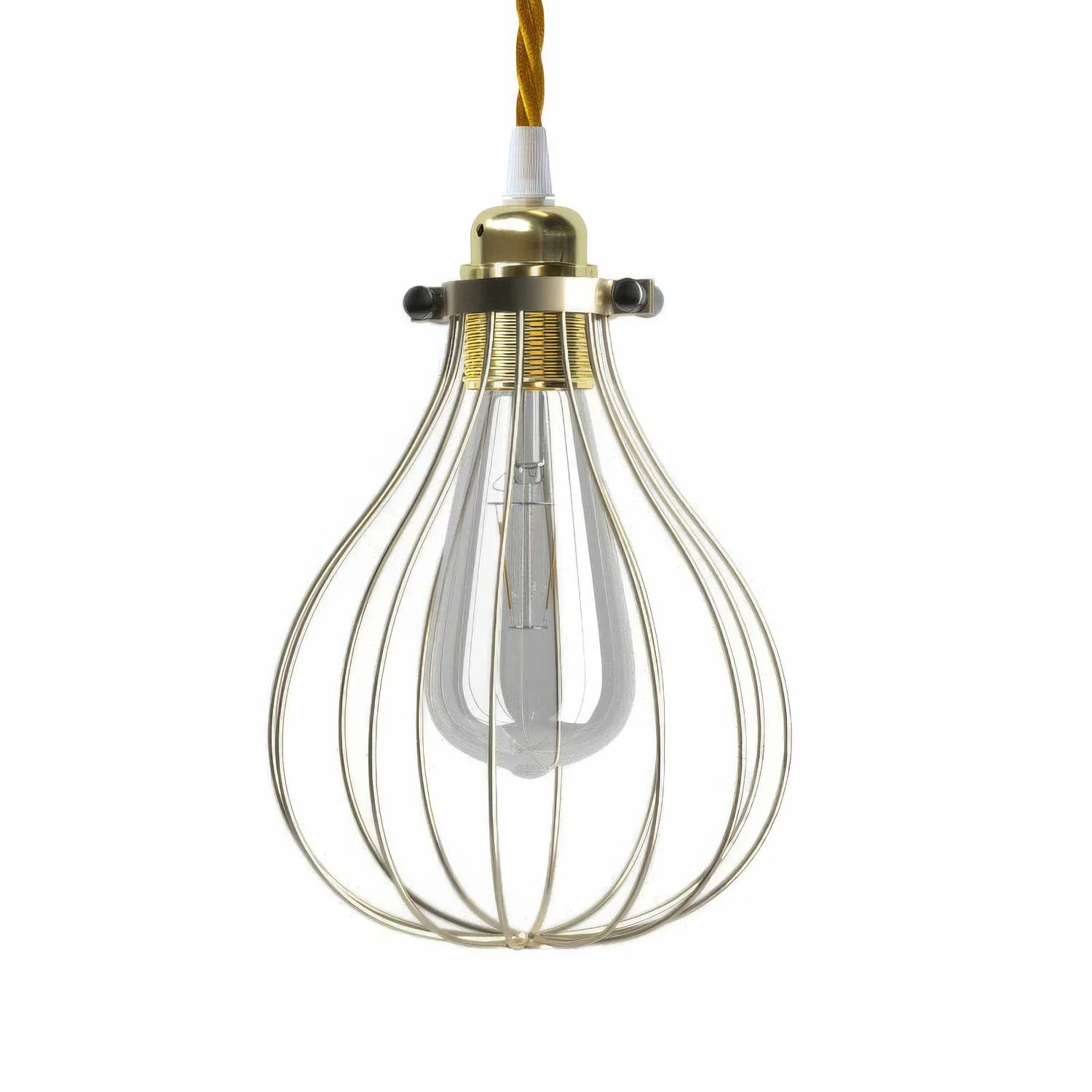 Suspension lamp complete with textile cable, Drop cage lampshade and metal finishes - Brass