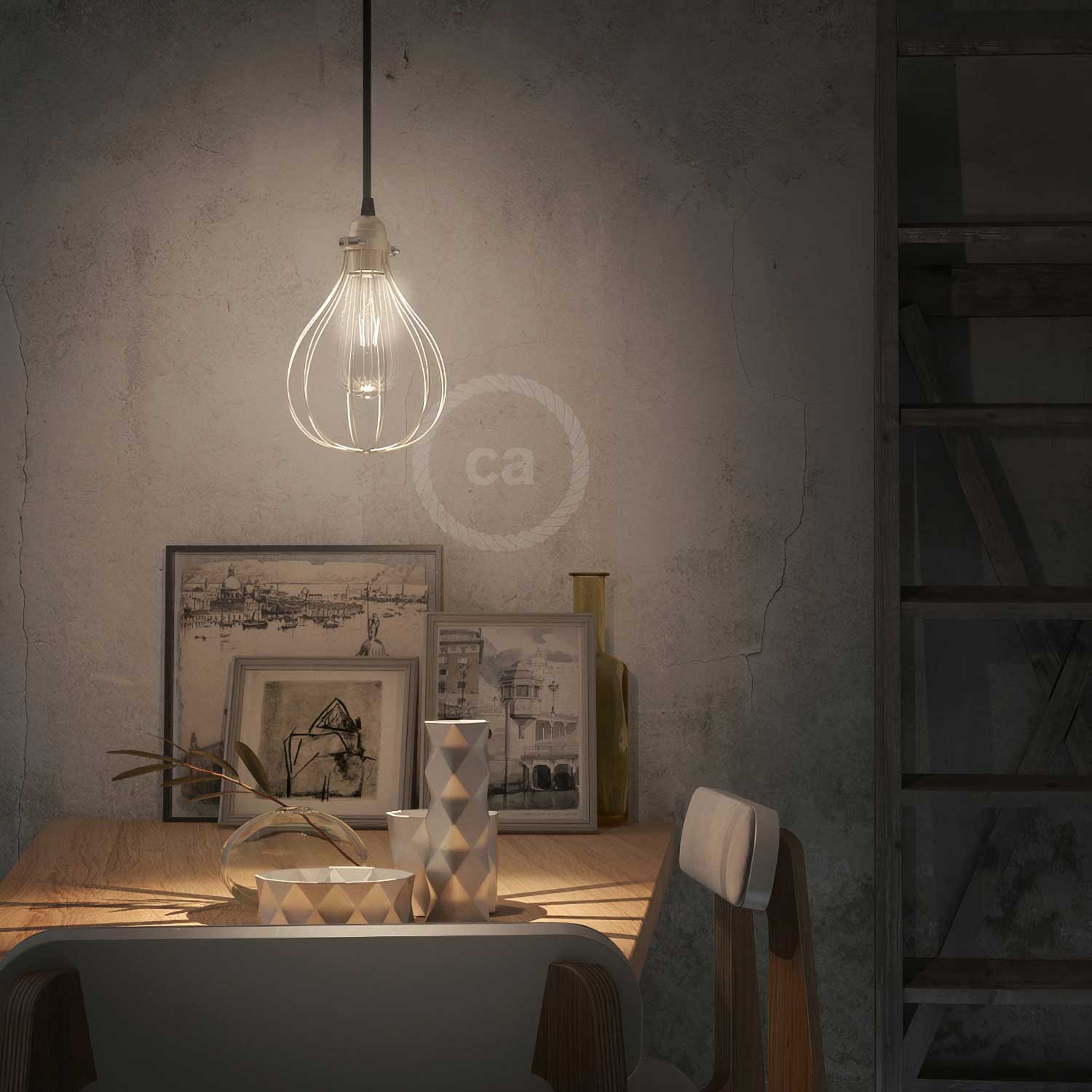 Suspension lamp complete with textile cable, Drop cage lampshade and metal finishes - Brass - Image 3