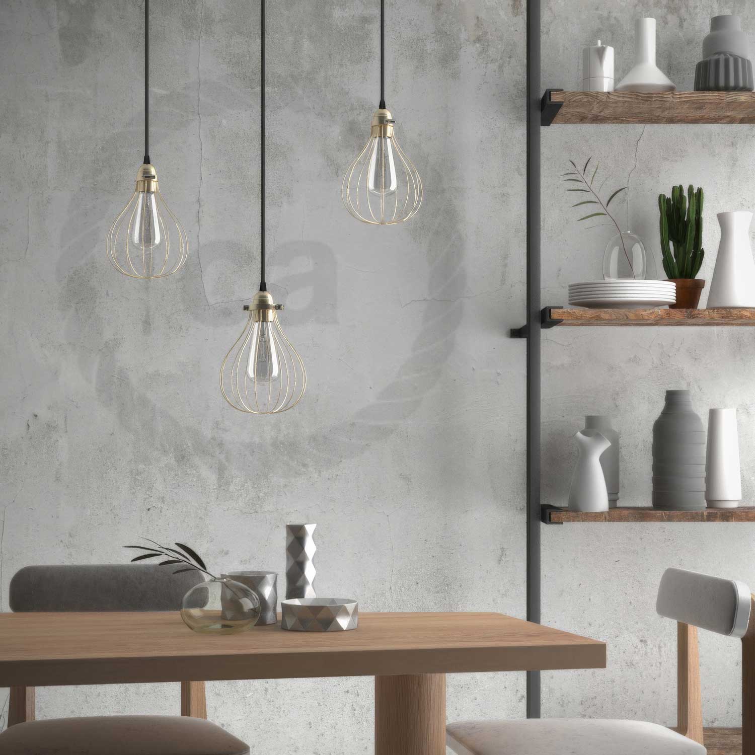 Suspension lamp complete with textile cable, Drop cage lampshade and metal finishes - Brass - Image 4