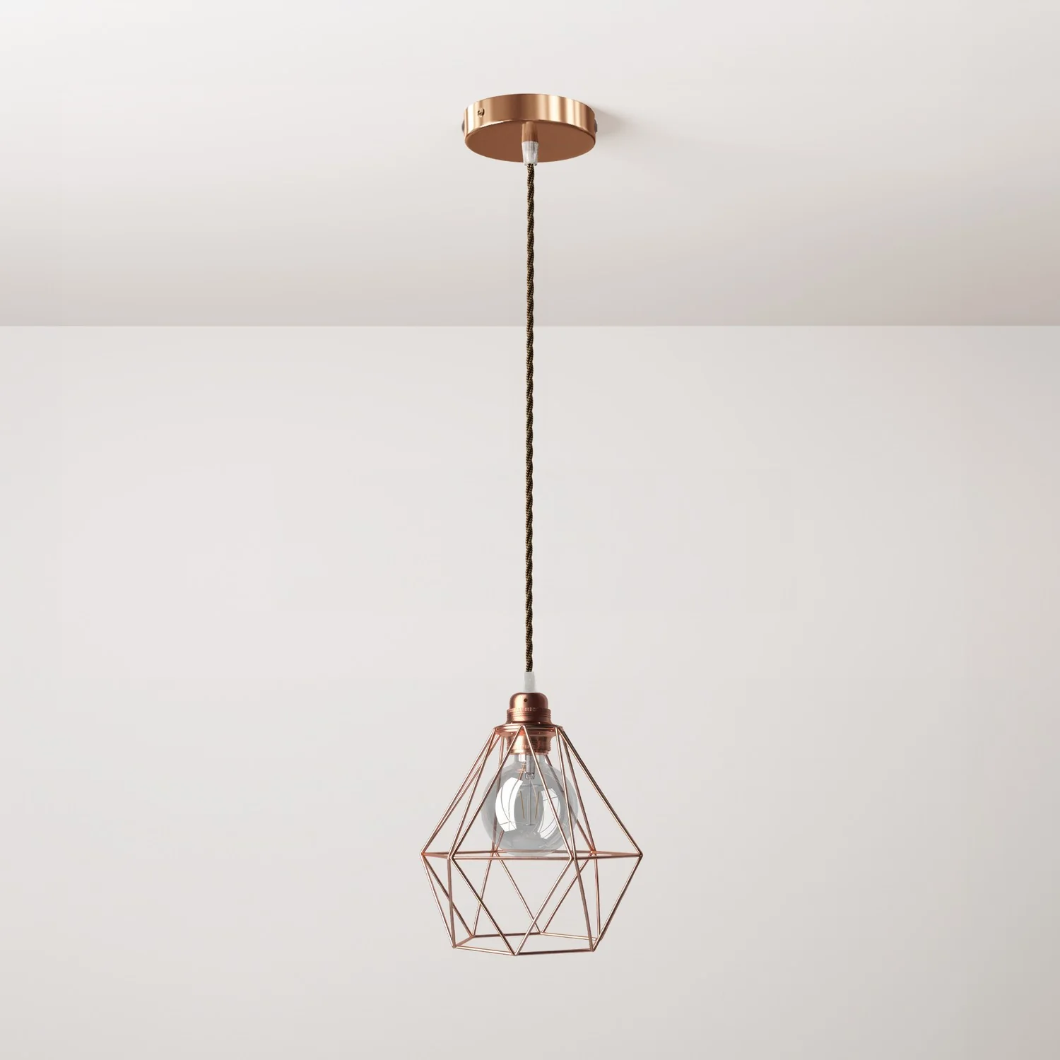 Complete pendant lamp with fabric cable, Diamond cage lampshade and metal fittings - Copper