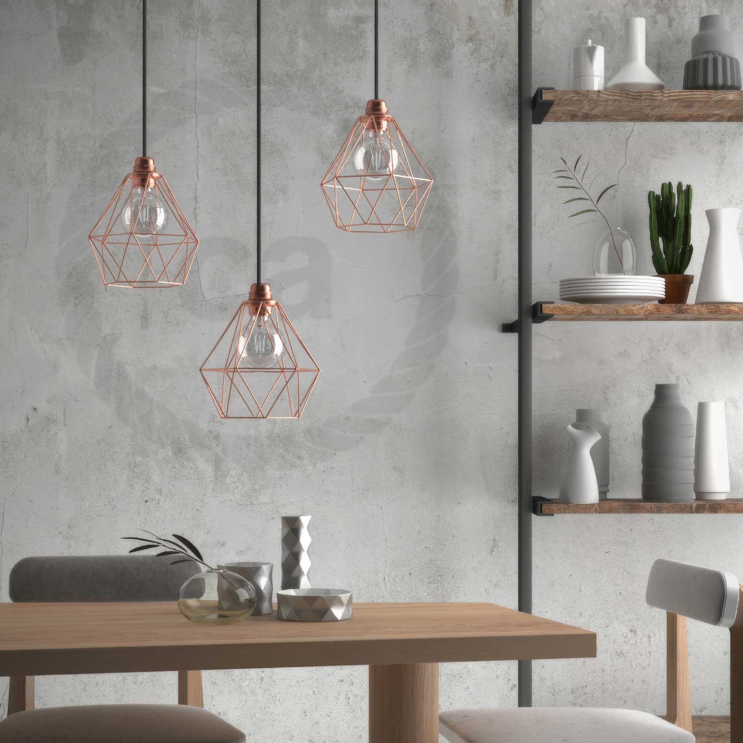 Complete pendant lamp with fabric cable, Diamond cage lampshade and metal fittings - Copper - Image 3