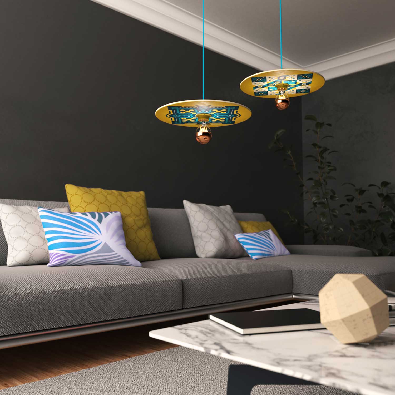 Suspension lamp complete with textile cable, double-sided UFO wooden lampshade and metal finishes - ODD - Image 4