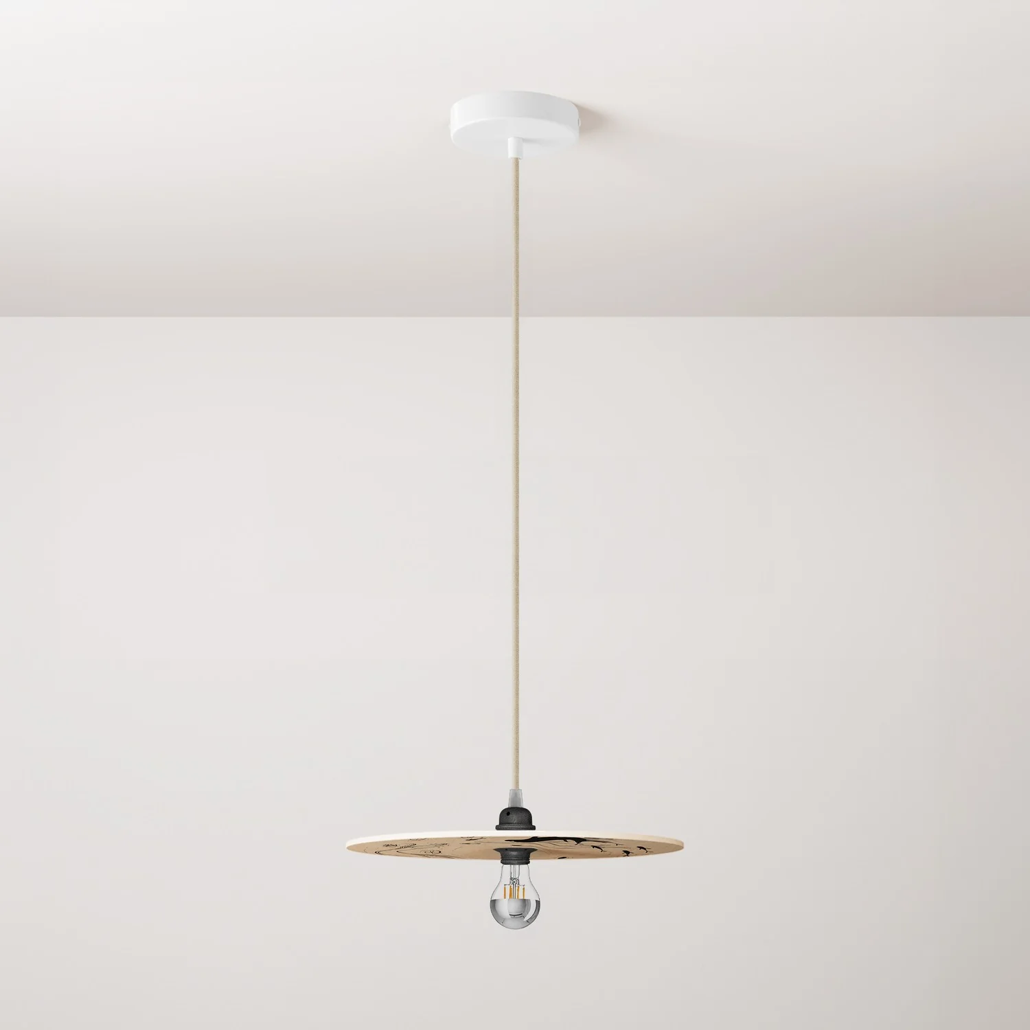 Pendant lamp complete with fabric cable, UFO double-sided wooden lampshade and metal finishes - Fernando Cobelo