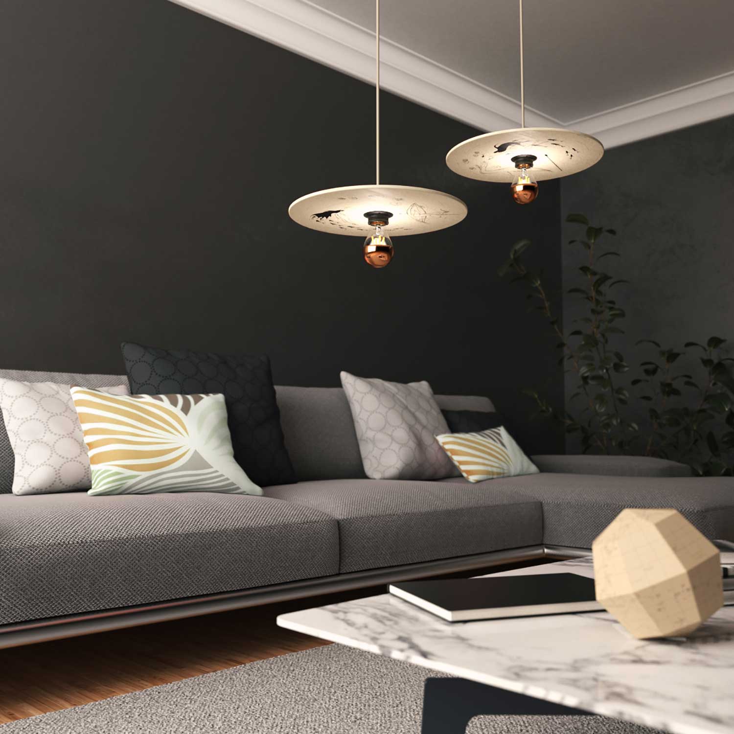 Pendant lamp complete with fabric cable, UFO double-sided wooden lampshade and metal finishes - Fernando Cobelo - Image 3